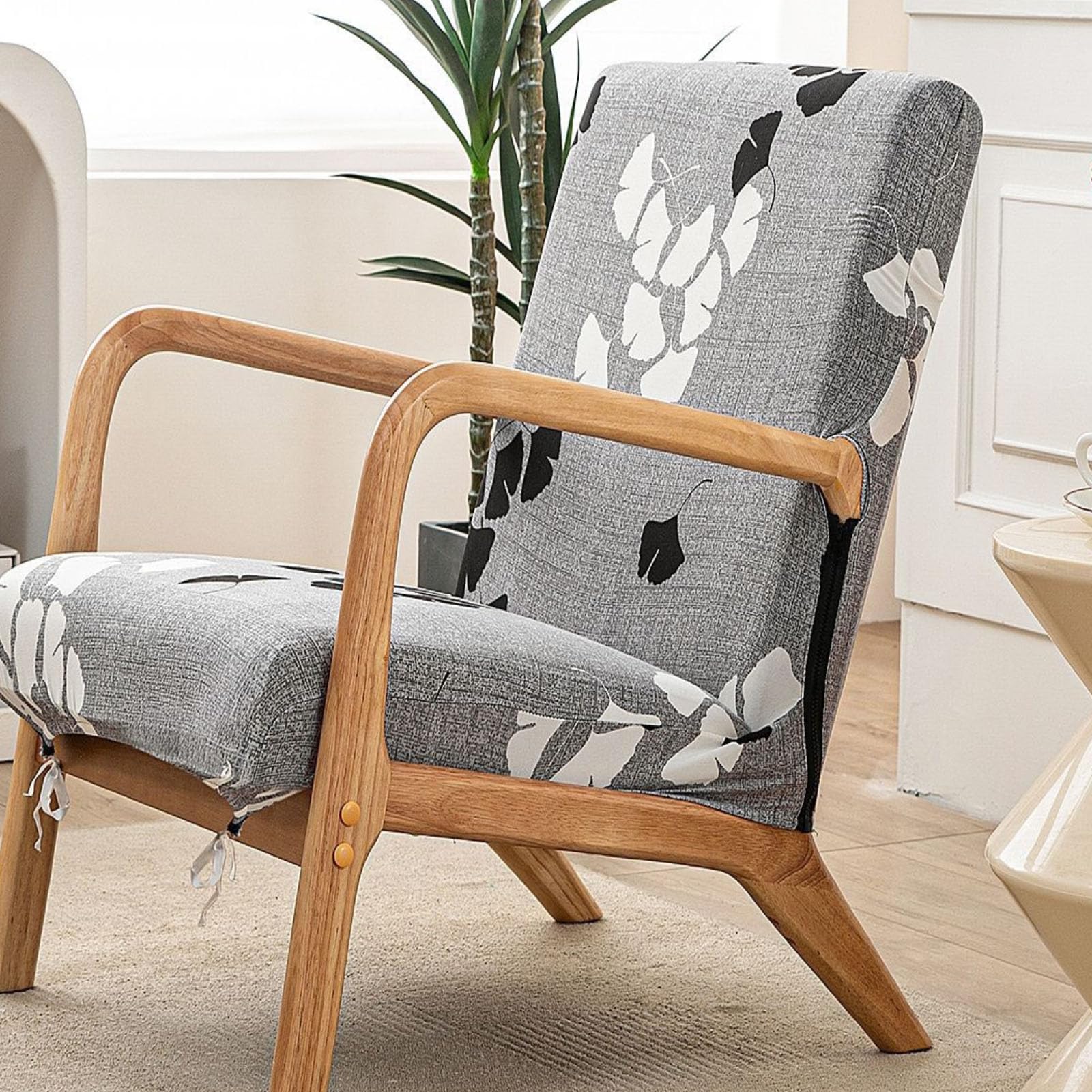 FANSU Stretch Arm Chair Covers for Mid Century Modern Upholstered Protector, 1 Seater Accent Chair Cover with Zipper Wooden Armchair Slipcover Elastic Furniture Protector, Nordic Plants (Gray)