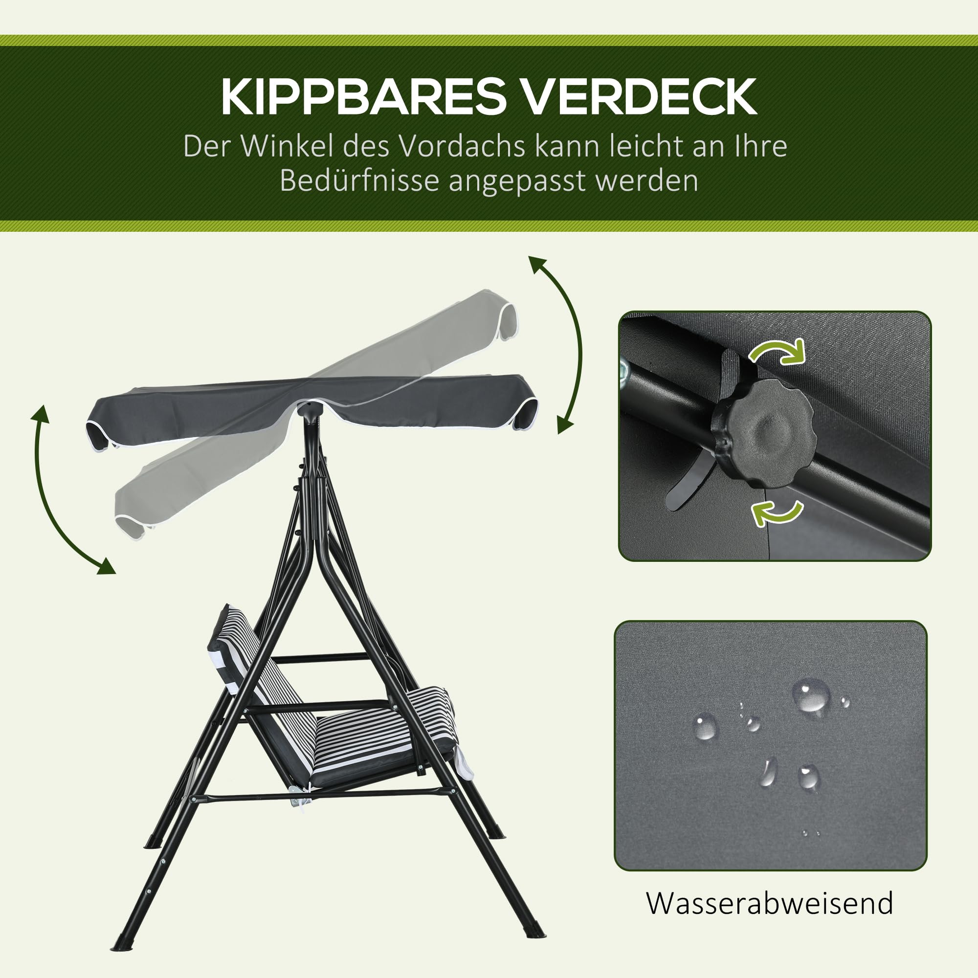 Outsunny Hollywoodschaukel mit Sitzpolster, 3-Sitzer Gartenschaukel mit verstellbarem Sonnendach, Schaukelbank belast bis 240 kg, für Garten, Terrasse, 172 x 110 x 153 cm, Grau+Weiß