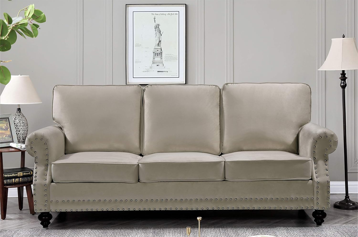 Lotus Mid Century Modern Velvet Upholstered Living Room Rolled Arms, Chair, Loveseat and Sofa, Ivory