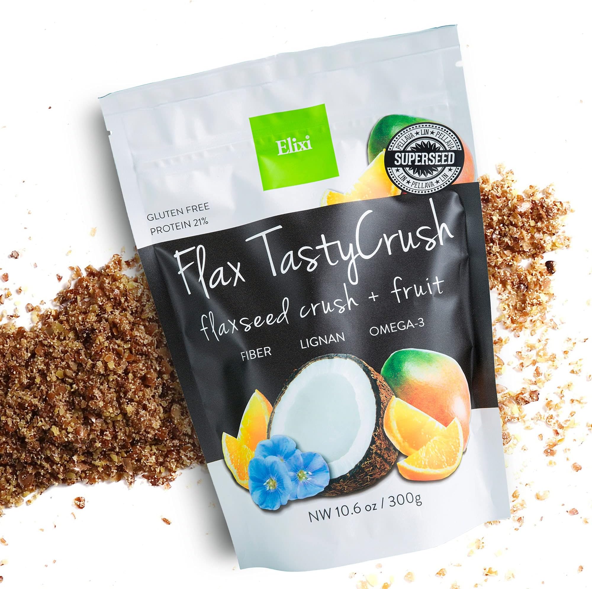 Elixi | Tasty Crush Flaxseed + Fruit | Coconut, Orange, Mango Snack | Pure Flaxseed Breakfast Meal | Natural Fiber, Protein, and Omega-3 | 10.6oz