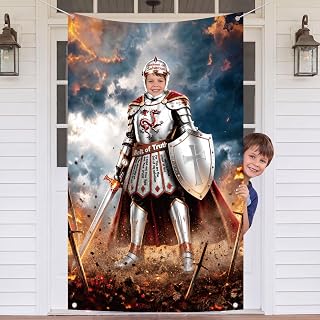 Blulu Armor of God 도어 커버 180.3 x 109.8cm(71 x 43인치) 중세 기사 사진 도어 배너 신의 전체 갑옷 사진 부스 배경 종교 기독교 파티 실내 실외 주일 학교 교실 장식