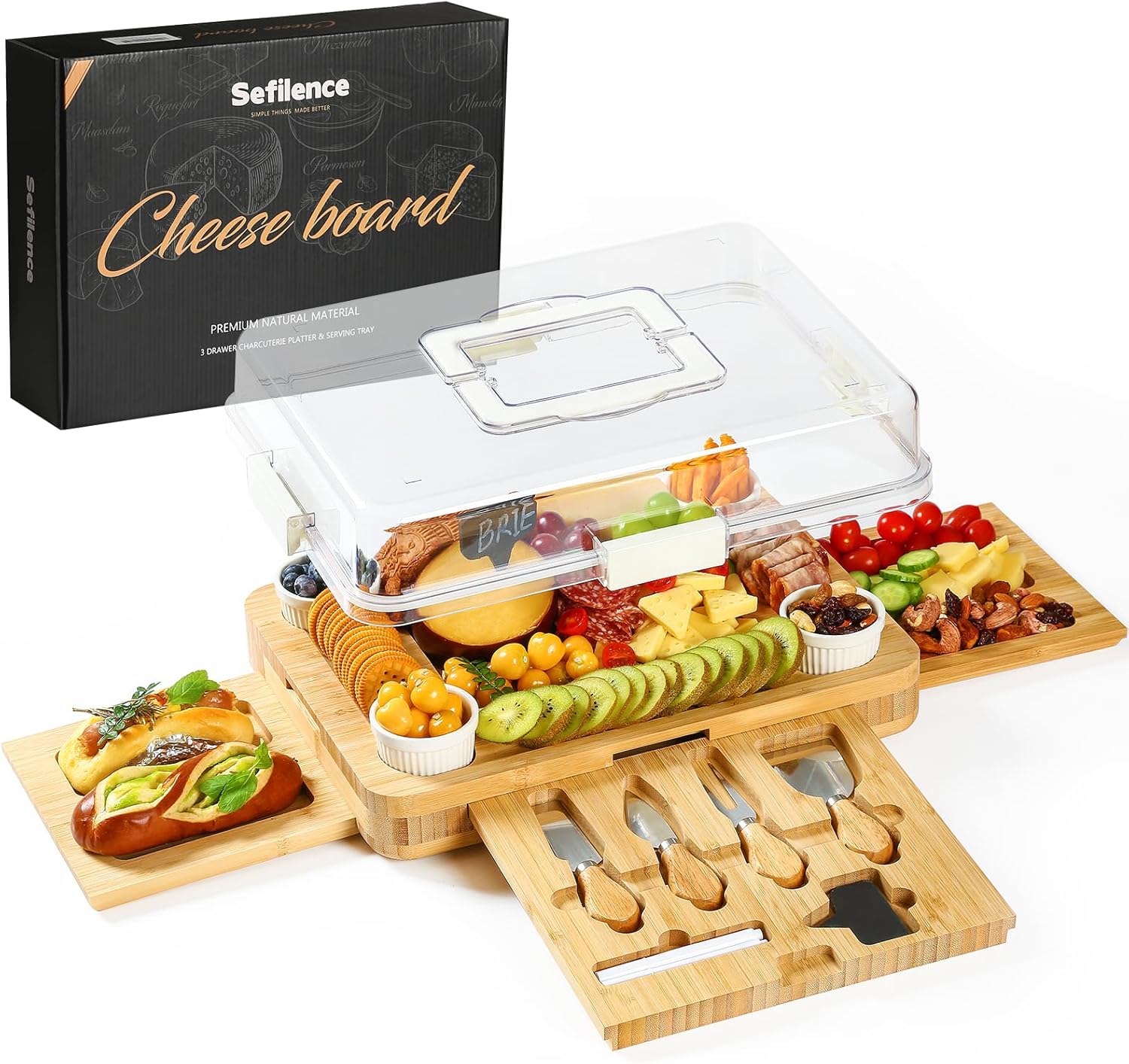 Charcuterie Board with Drawer, Bamboo Cheese Board Set with Locking Lid & Utensils, Portable Serving Tray, Unique Housewarming Gifts, Wedding Gifts for Couples, Birthday Gifts for Women