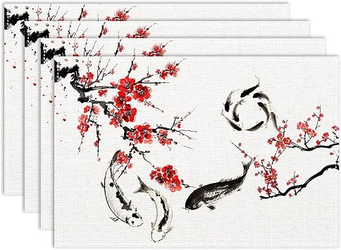Cherry Blossom Placemats Set of 6, 12x18 Inch Traditional Vintage Asian Oriental Japanese Koi Chinese Art Seasonal Spring Holiday Table Mats for Party Kitchen Dining Decoration