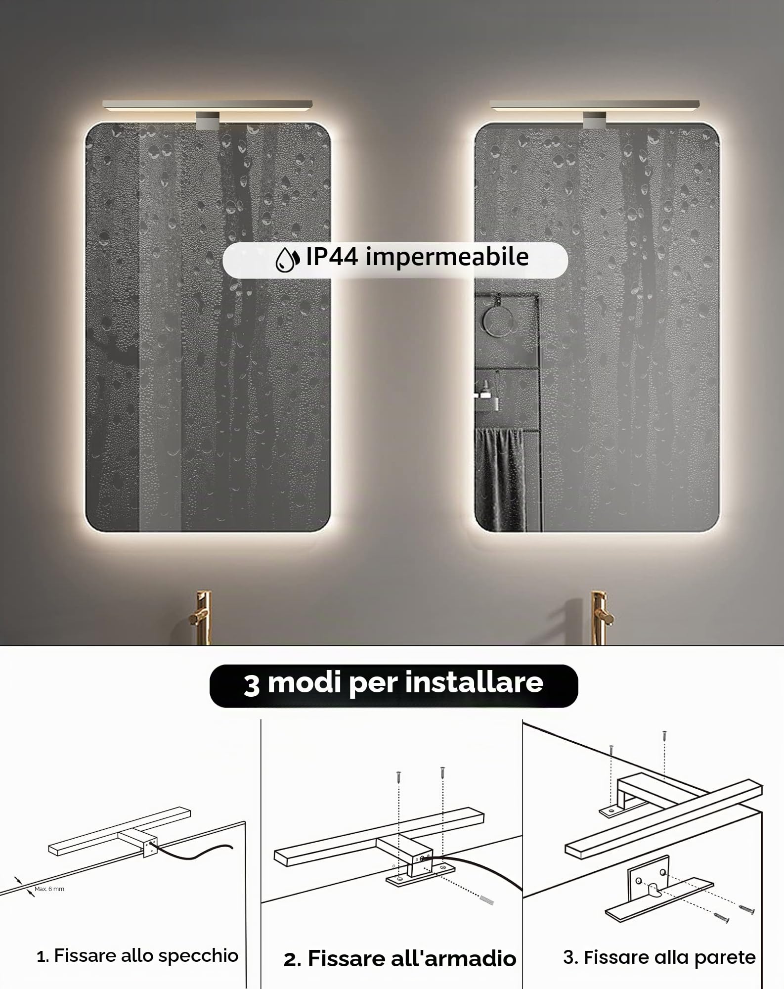 KYOTECH Lampada da Specchio a LED per Bagno 40cm Dimmerabile con Telecomando 12W 800LM Lampada da Bagno Impermeabile IP44 con interruttore Morsetto su Specchio,Armadio,Illuminazione a Parete