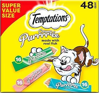 Temptations Creamy Puree Mix-Ups Squeezable Lickable Wet Cat Treats, Tuna Flavor, Salmon Flavor, and Seafood Medley Flavor, 0.42 oz. Tubes, 48 Count