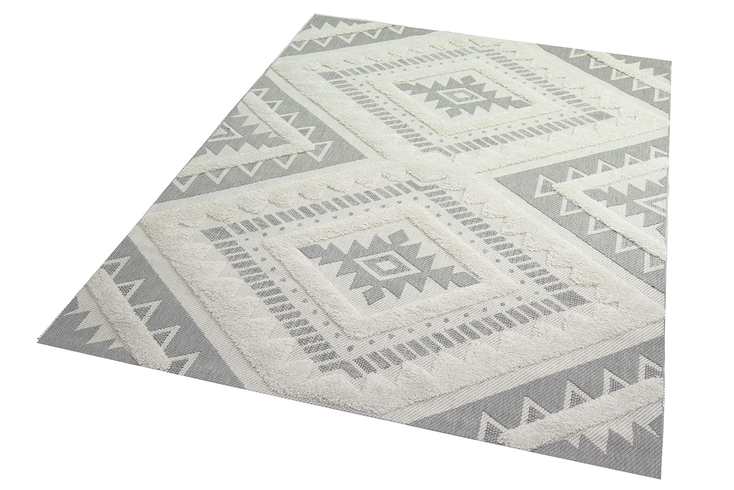 Teppich-Traum In- & Outdoor Teppich Sisal Wohnzimmer Wintergarten orientalisches Rautenmuster gezackt mit flauschigem Hoch Tief Effekt in Creme Größe 120x170 cm