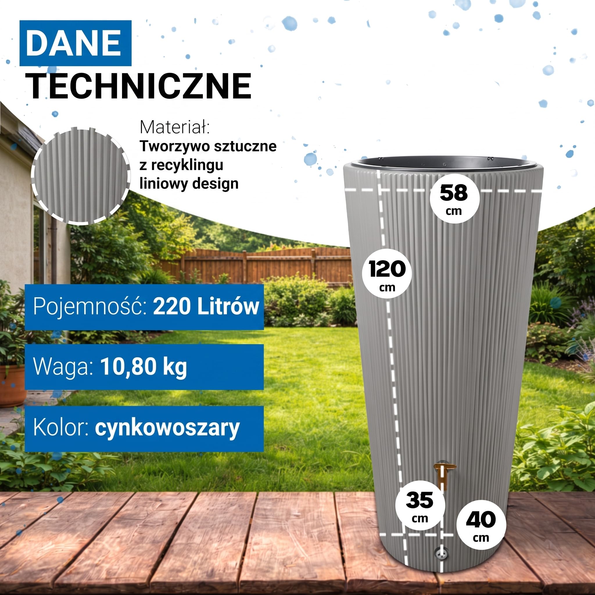 4rain VASO 2w1 DECOR zbiornik na deszczówkę 220 l, szary cynkowy | z kranem spustowym z tworzywa sztucznego i przyłączem do rury spustowej