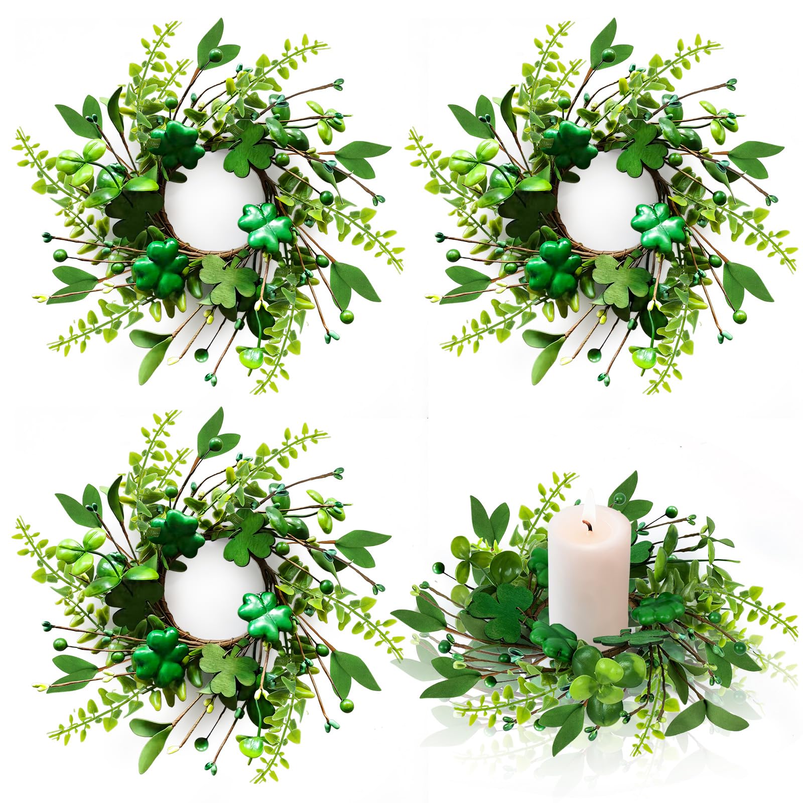 4 PCS St Patrick's Day Shamrocks Candle Ring Wreaths Artificial Green Glitter Foam Shamrock Candle Ring Lucky Irish Berry Clover Candle Holder Wreath for Table Centerpieces Home Door Chair Decoration