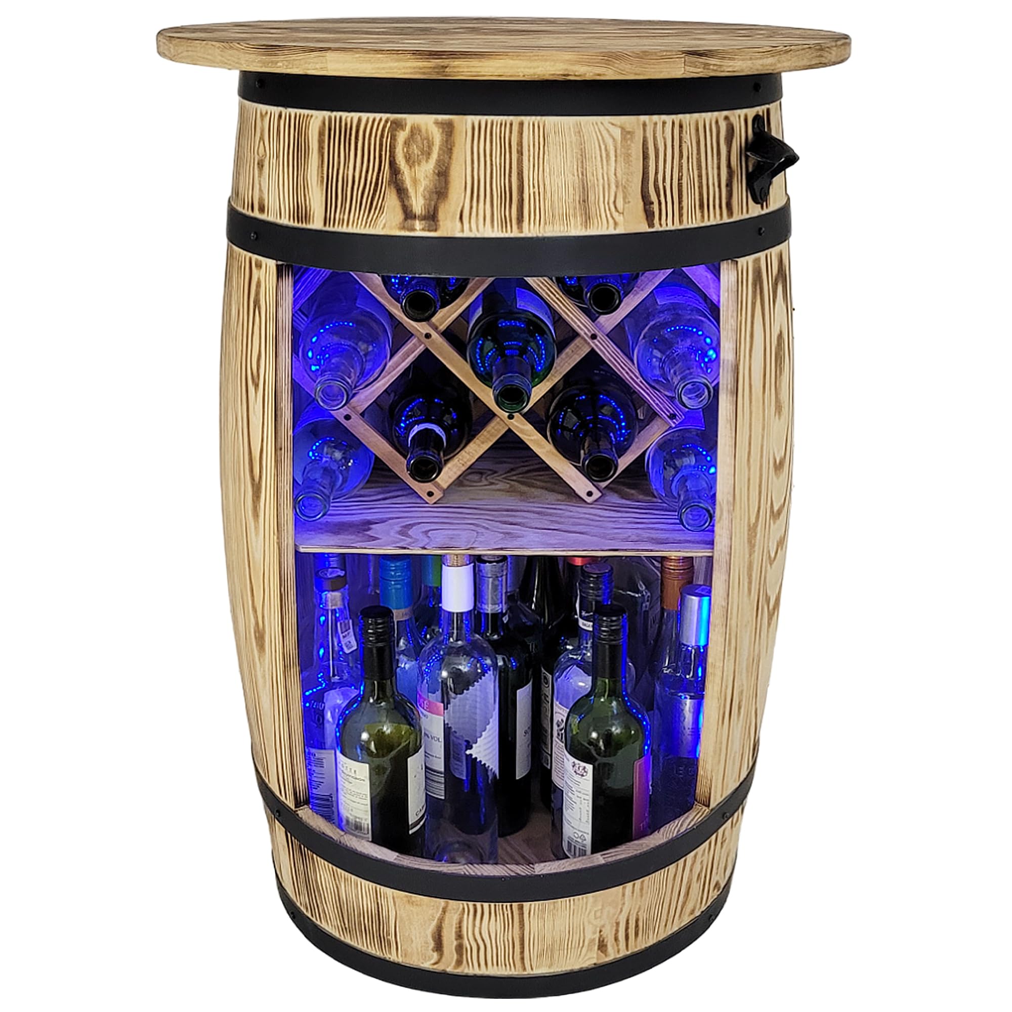 weeco Fass Bar mit Deckel und LED RGB Leuchten und Weinhalter - Flaschenständer deko - Hausbar Tabelle Gin Whisky Bier - Barschrank - Holzfass Tisch - Weinfass Stehtisch 80x50cm