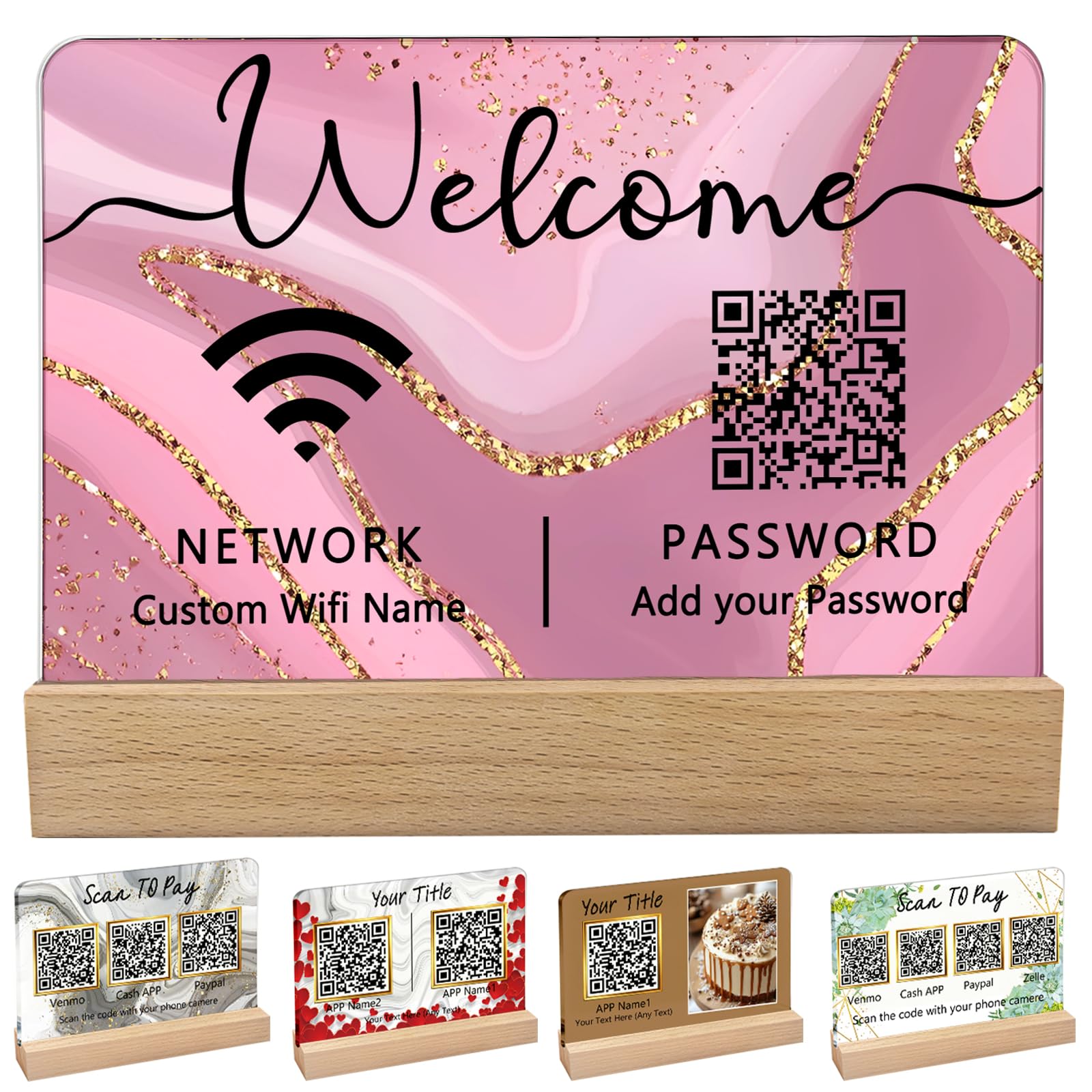 Custom Acrylic Multi QR Code Sign for Business Personalised Venmo Zelle Cashapp Paypal Scan to Pay QR Display Social Media Wifi QR Code Plaque for Salon Beauty Store-Horizontal-Wifi