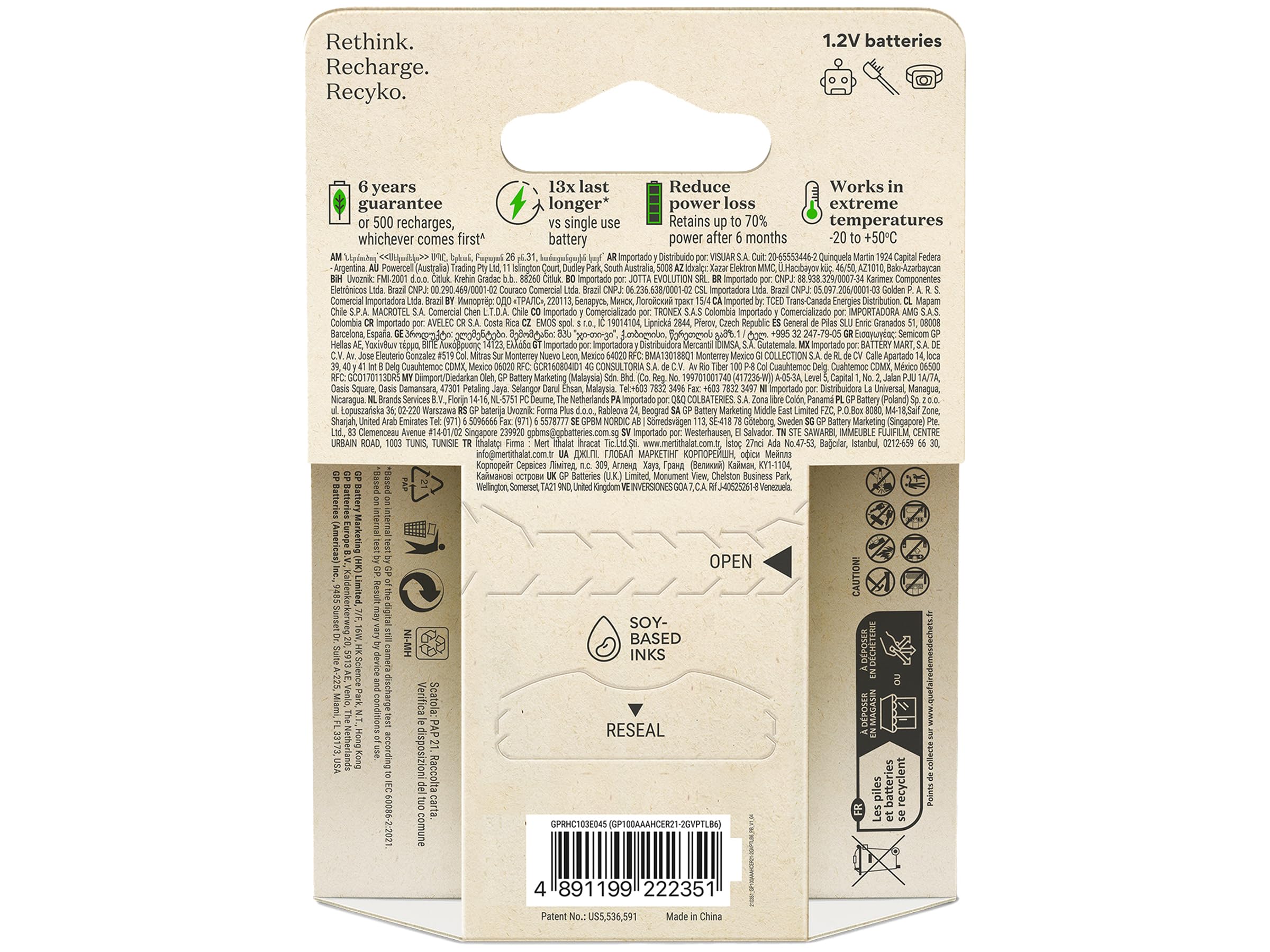 GP Batteries ReCyko 950mAh AAA Slim Pen Ni-Mh Rechargeable Battery, 1.2 Volt, Card 6