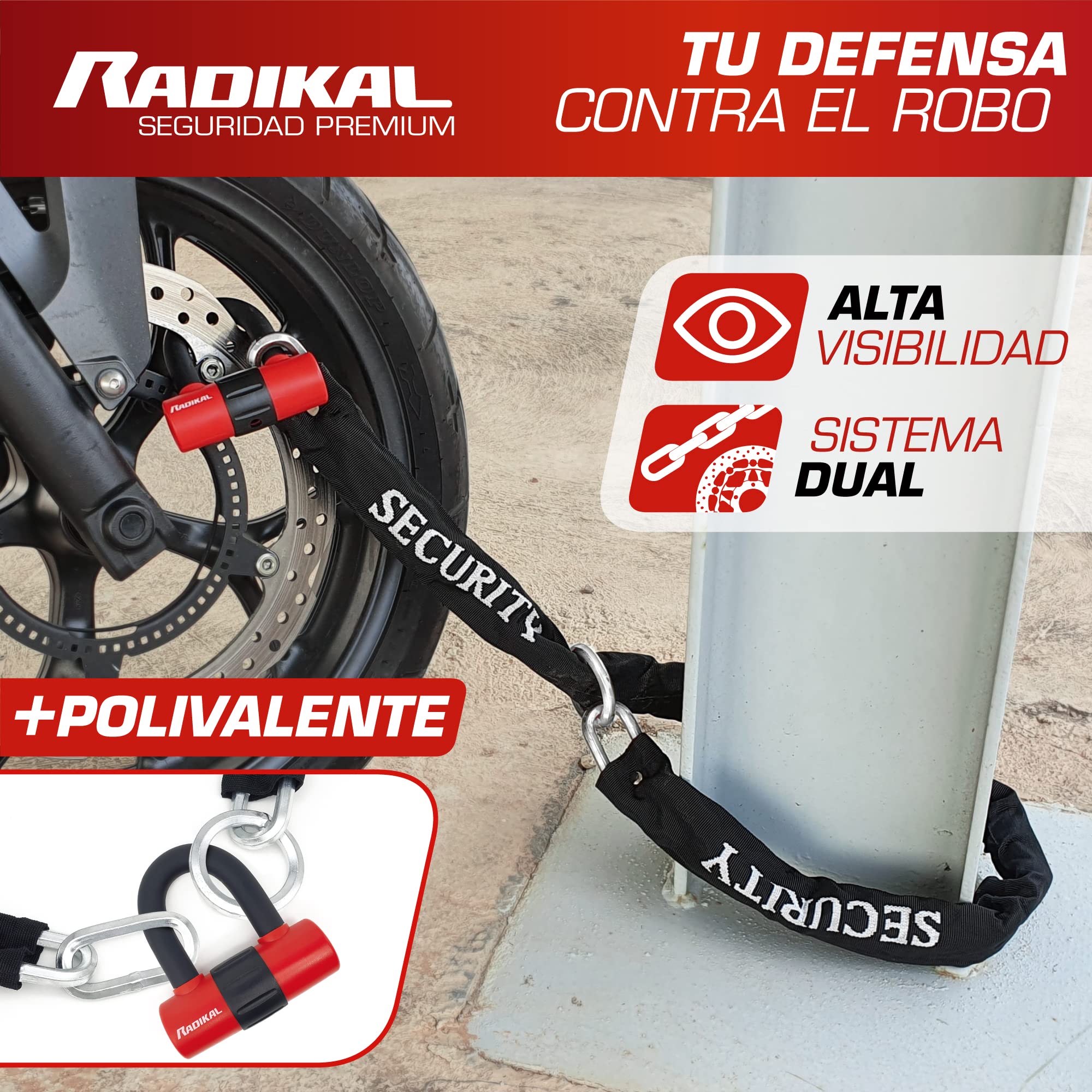 RADIKAL RK72120L Candado Antirrobo Mini U con Cadena Lazo 120 cm, Más Polivalente para Candado Moto Disco +Cable, Cerradura Alta Seguridad y Doble Cierre Antirobo Universal para Moto Scooter Bicicleta