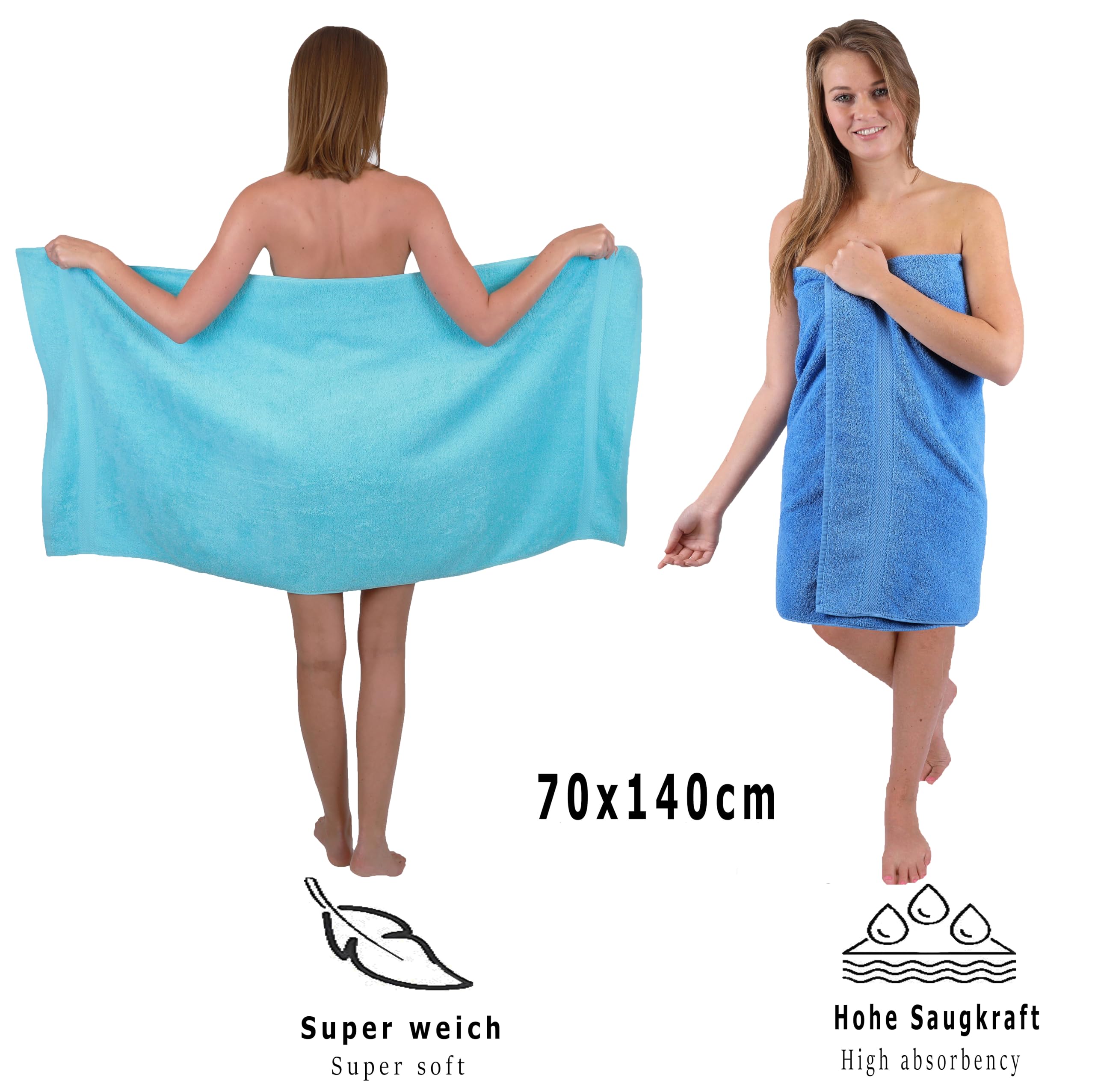 Betz Juego de 10 Toallas Classic 100% algodón 2 Toallas de baño 4 Toallas de Lavabo 2 Toallas de tocador 2 Toallas faciales Turquesa y Azul Claro