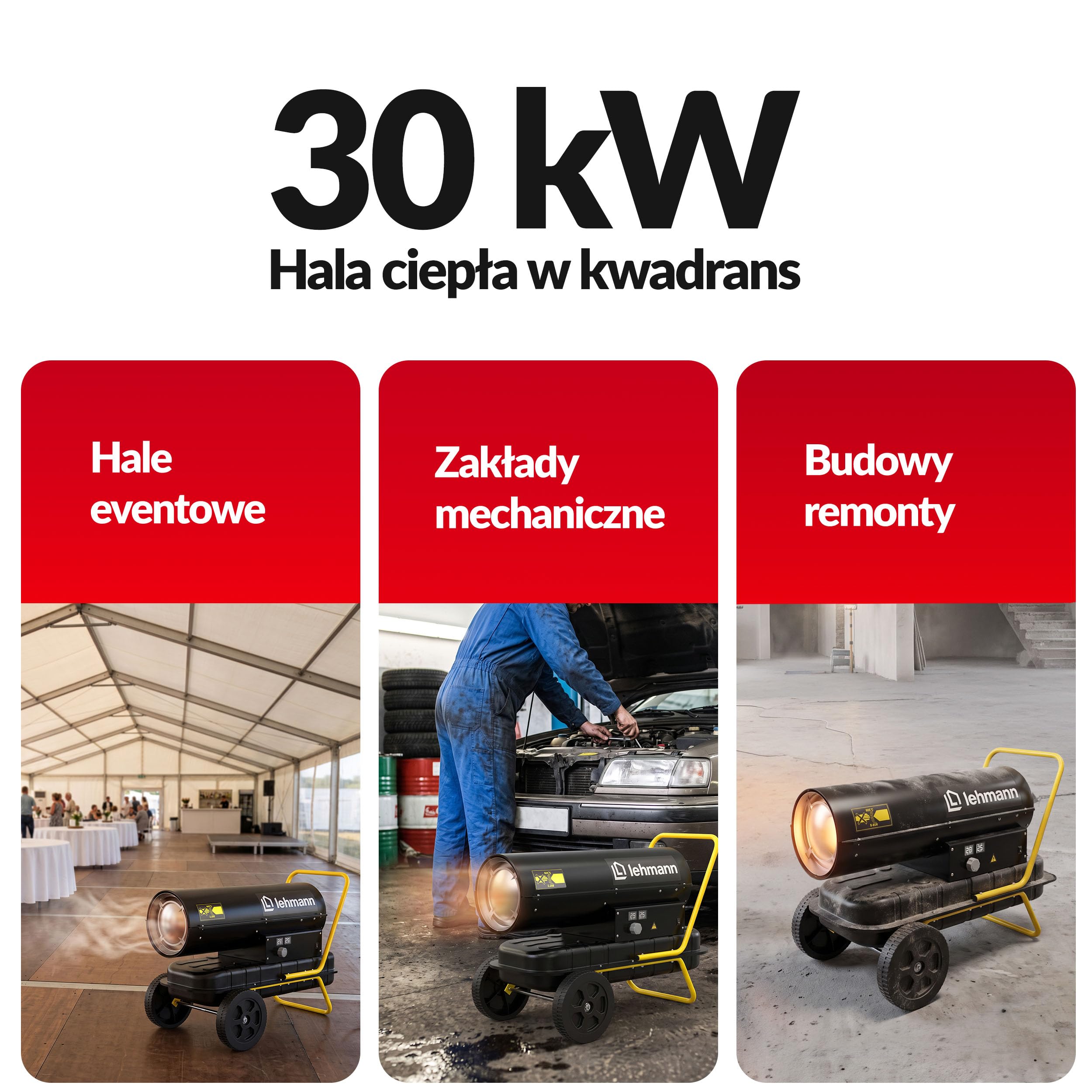 LEHMANN Nagrzewnica Olejowa 30 kW, Nagrzewnica Diesla 720 m³/h, Nagrzewnica Nadmuchowa, Budowlana, na Olej Napędowy lub Naftę, Termostat, 22 l, Warsztat, Budowa, Magazyn