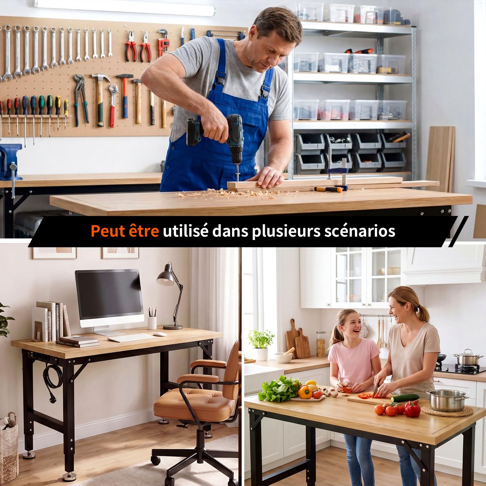 TLGREEN Établi Garage Réglable de Travail,122CM Table en Bois de Caoutchouc | Établi Atelier avec Multiprise et Panneau Perforé, Réglable 5 Hauteurs, 907kg Capacité, 15 PCS Crochets, pour Bureau Maison