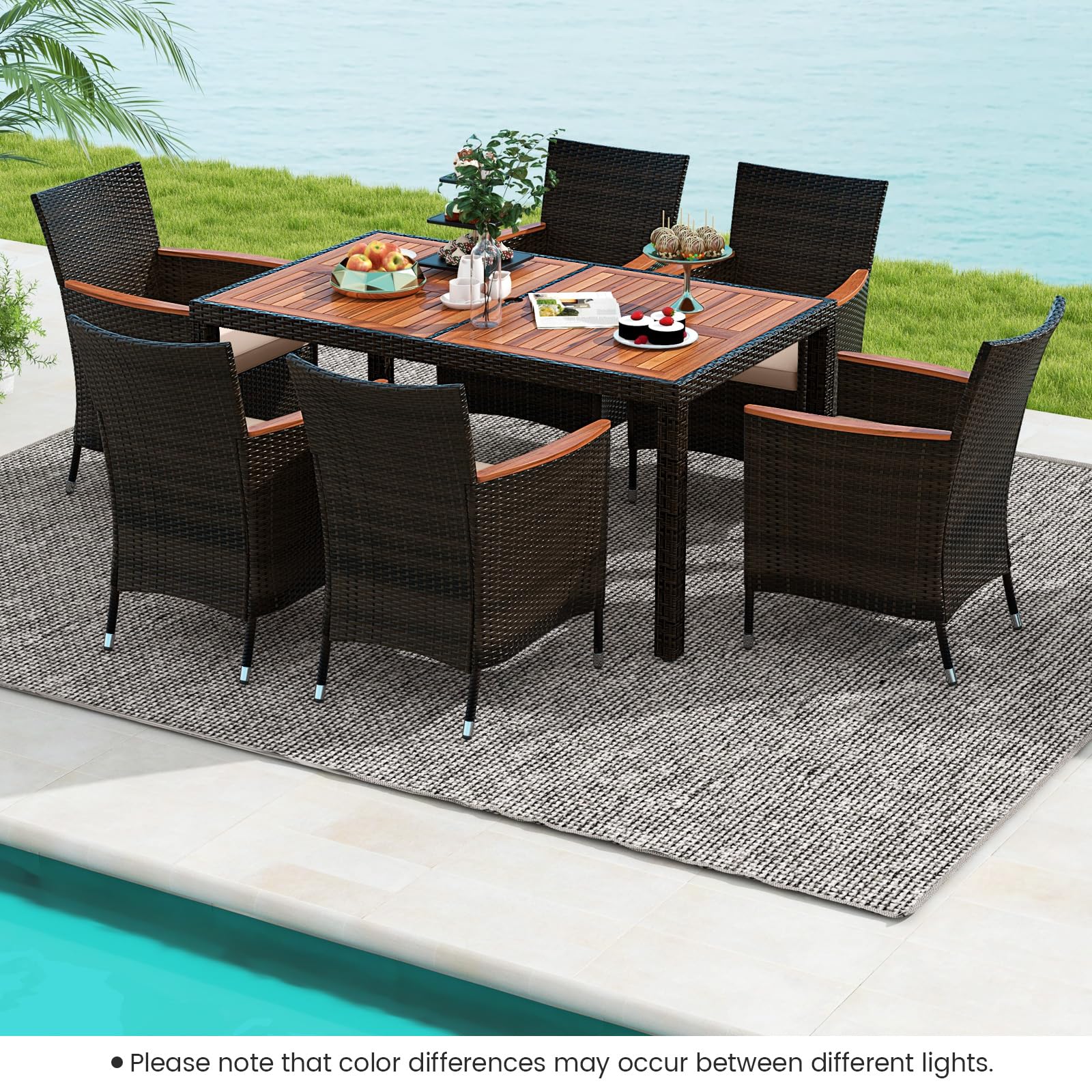 COSTWAY 7PCS/9PCS Garden Rattan Furniture Set, Patio Dining Table and Chairs Set with Acacia Wood Top, Stackable Chairs and Cushions, Outdoor Dining Wicker Conservatory Set for Balcony Lawn (7-Piece) — view 9