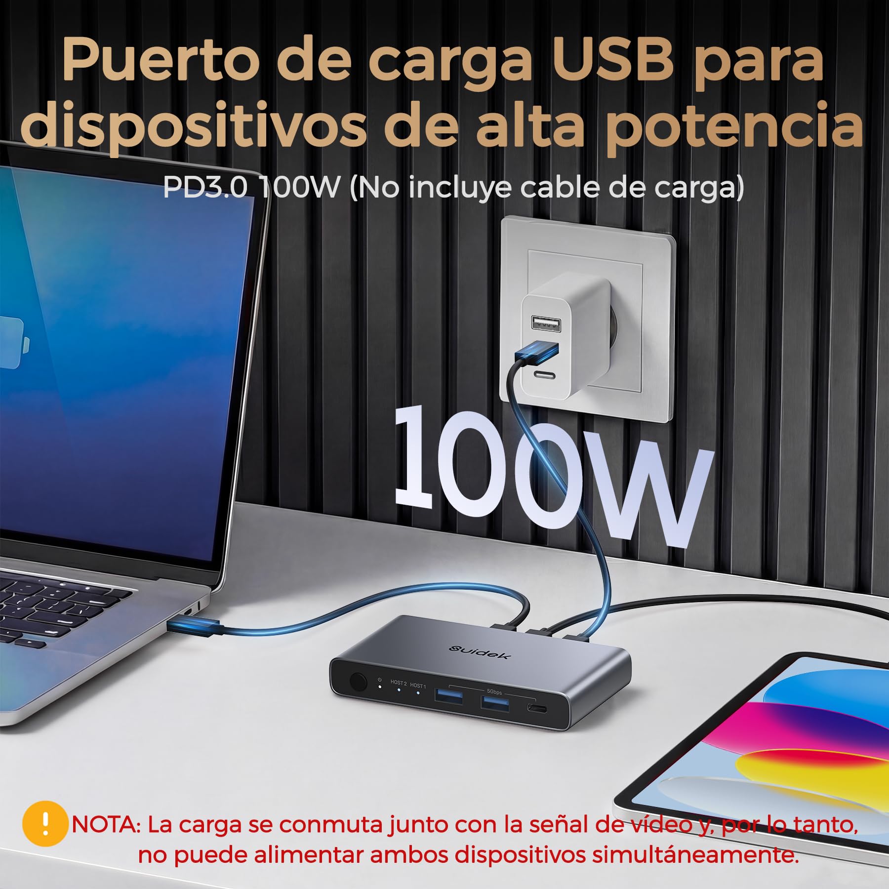 USB-C KVM Switch para 2 Ordenadores y 1 Monitor (4K@60Hz), Conmutador KVM con 2 Puertos USB A y 1 Puerto USB C, para Compartir 1 Monitor/Teclado/Ratón entre 2 Consolas u Ordenadores, Carga PD 100W