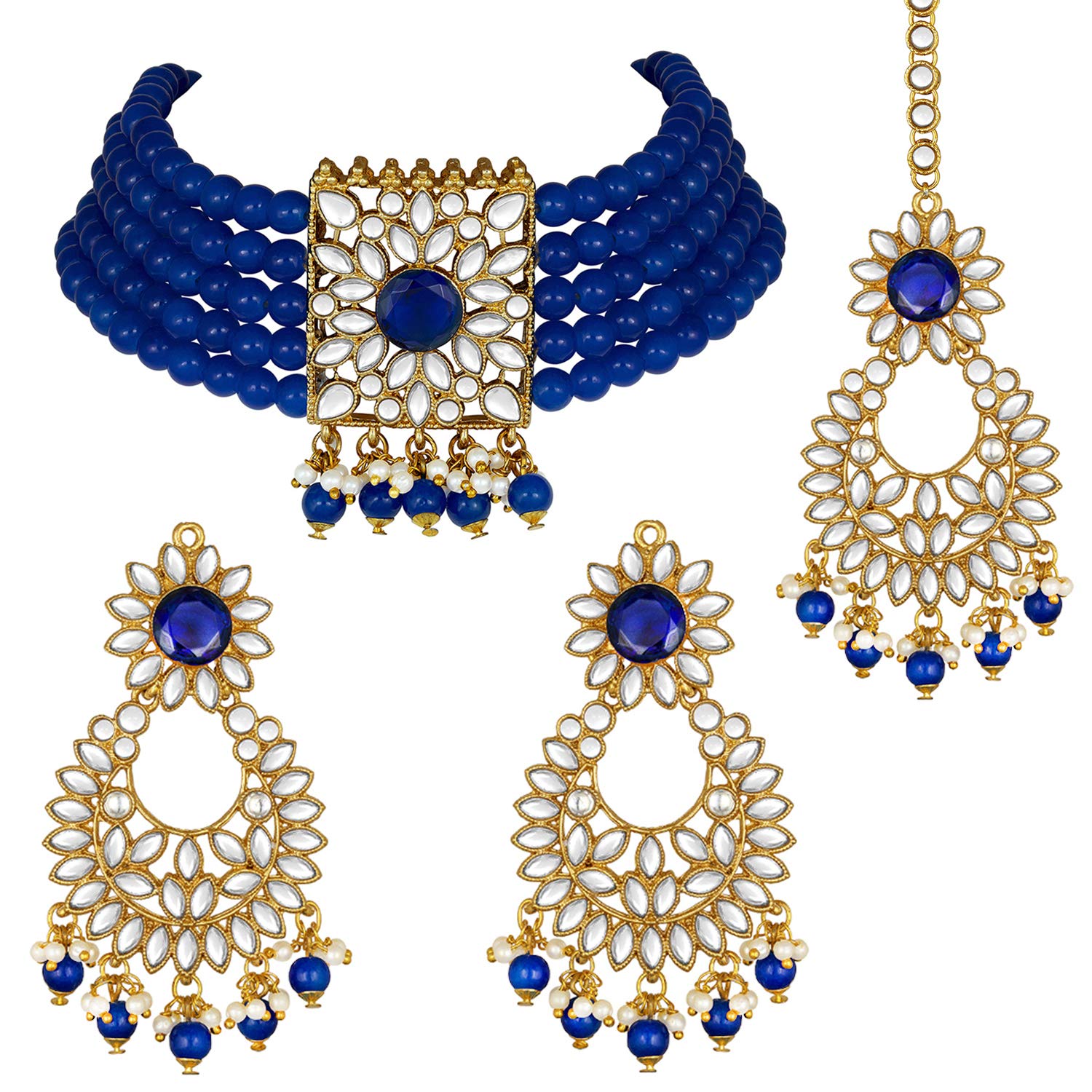 AheliFaux Kundan Pearl Floral Choker Necklace Earring Maang Tikka Indian Traditional Bollywood Jewelry Set for Women