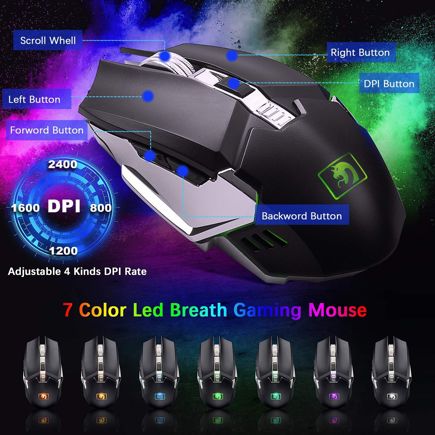 Tastiera wireless ricaricabile da 2,4 GHz Set combinato 3800 mAh Batteria a lunga durata Unificante Ricevitore USB Tastiera per gamer retroilluminata arcobaleno 2400DPI 7 colori Mouse ottico
