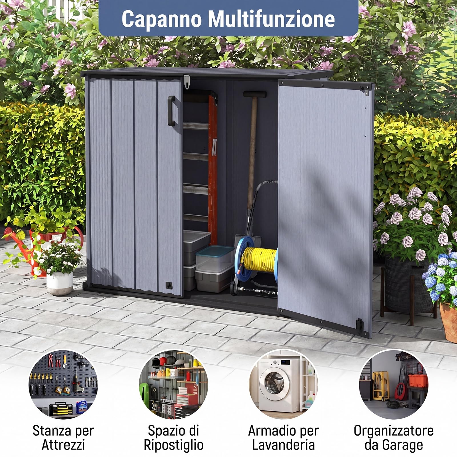 COSTWAY Armadio da Esterno e Interno Impermeabile, Mobile Contenitore per Attrezzi in Plastica PP e HDPE con Porta con Serratura e Tetto scanalato di Drenaggio, 120 x 65 x 117 cm (Grigio)