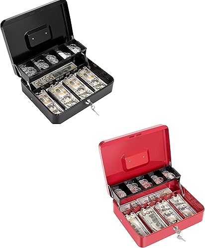 Geohiaul - Caja de dinero con bandeja de dinero y cerradura para dinero en efectivo, grande, color negro y rojo