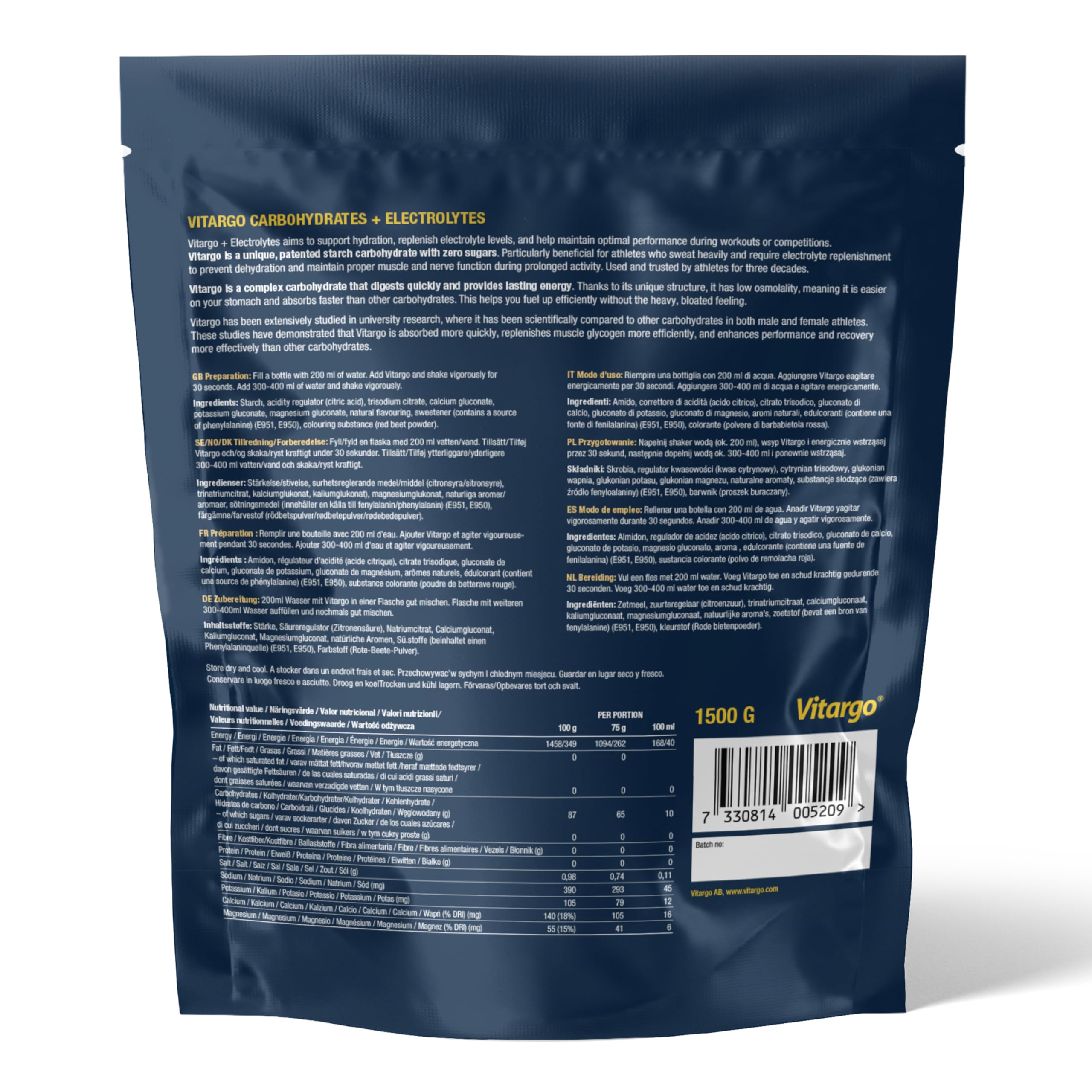 Vitargo carbohidratos con electrolitos en polvo, bebida isotonica en polvo para pre-entreno e intra-entreno, sin problemas digestivos, sabor a uva, alternativa a maltodextrina en polvo, 1,5 kg