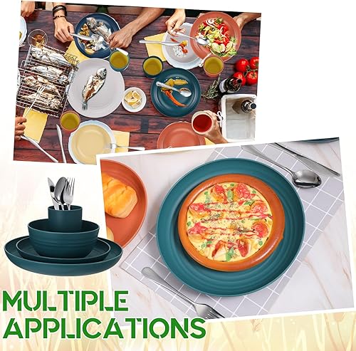 Miniatura 7 de Pinkunn Juego de vajilla de paja de trigo de 64 piezas con cubiertos de acero inoxidable irrompibles y cuencos coloridos para cocina, microondas,