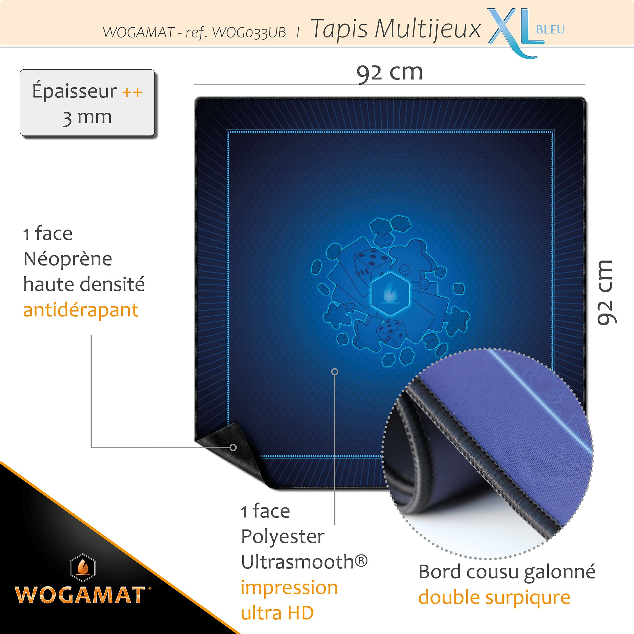Tapis De Jeu WOGAMAT Saphir - Format 60x100 Cm, Néoprène, Polyester, Pour Cartes, Puzzles, Jeux De Société