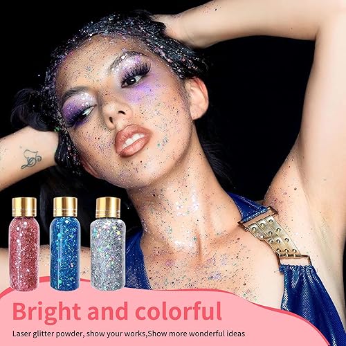 Glitter Gel, Face Body Glitte,for Face Paint Hair/Cheek/Eyelid Sparkle Makeup,Shimmery& Long Lasting,(Blue&Silver&Pink)