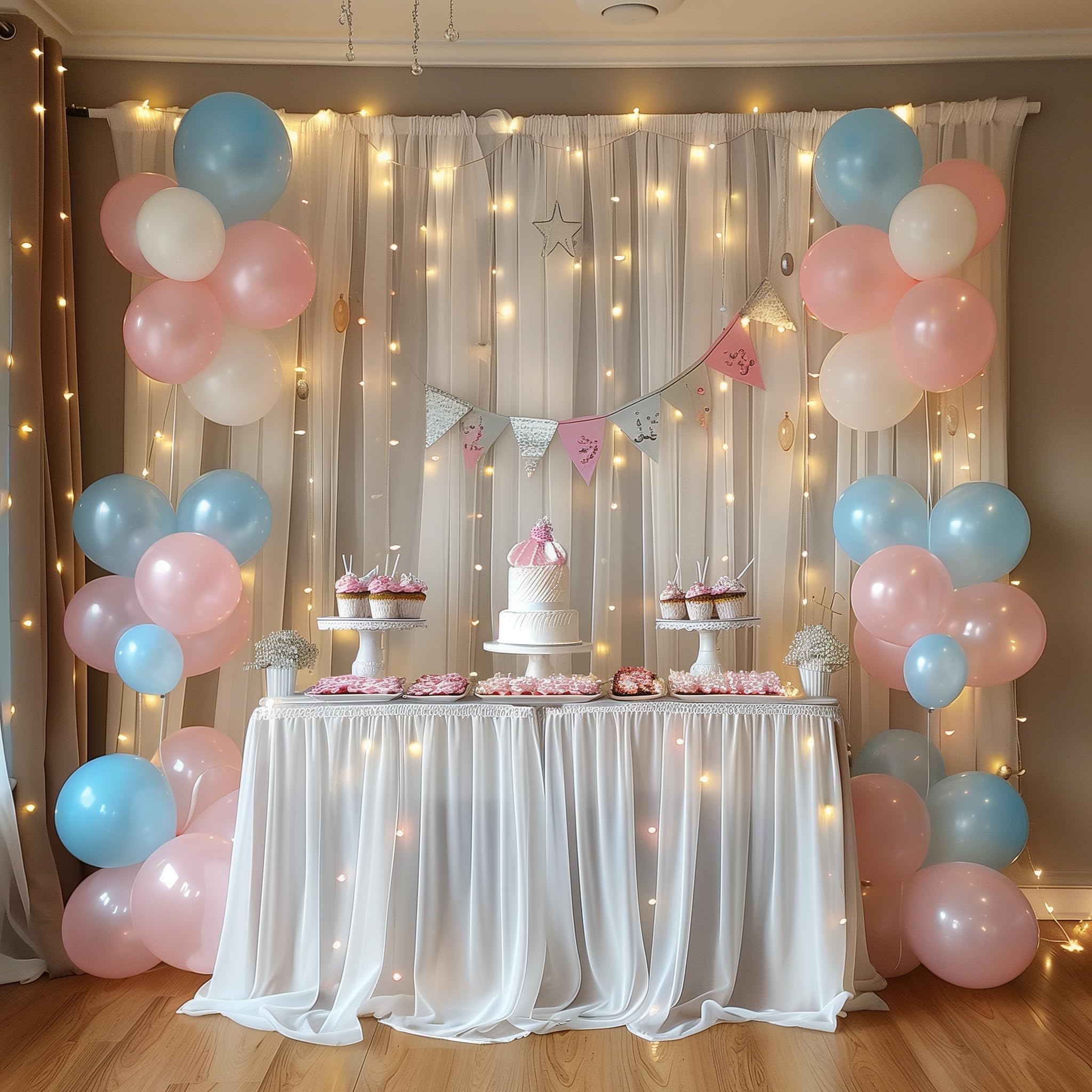 Fomcet Tüllvorhänge mit Lichterkette, weiß, 6,4 x 2,4 m, transparente Hintergrundvorhänge für Partys, Hochzeiten, Babypartys, Fotoshootings, Dekorationen (4 Paneele, 15,7 x 2,4 m)