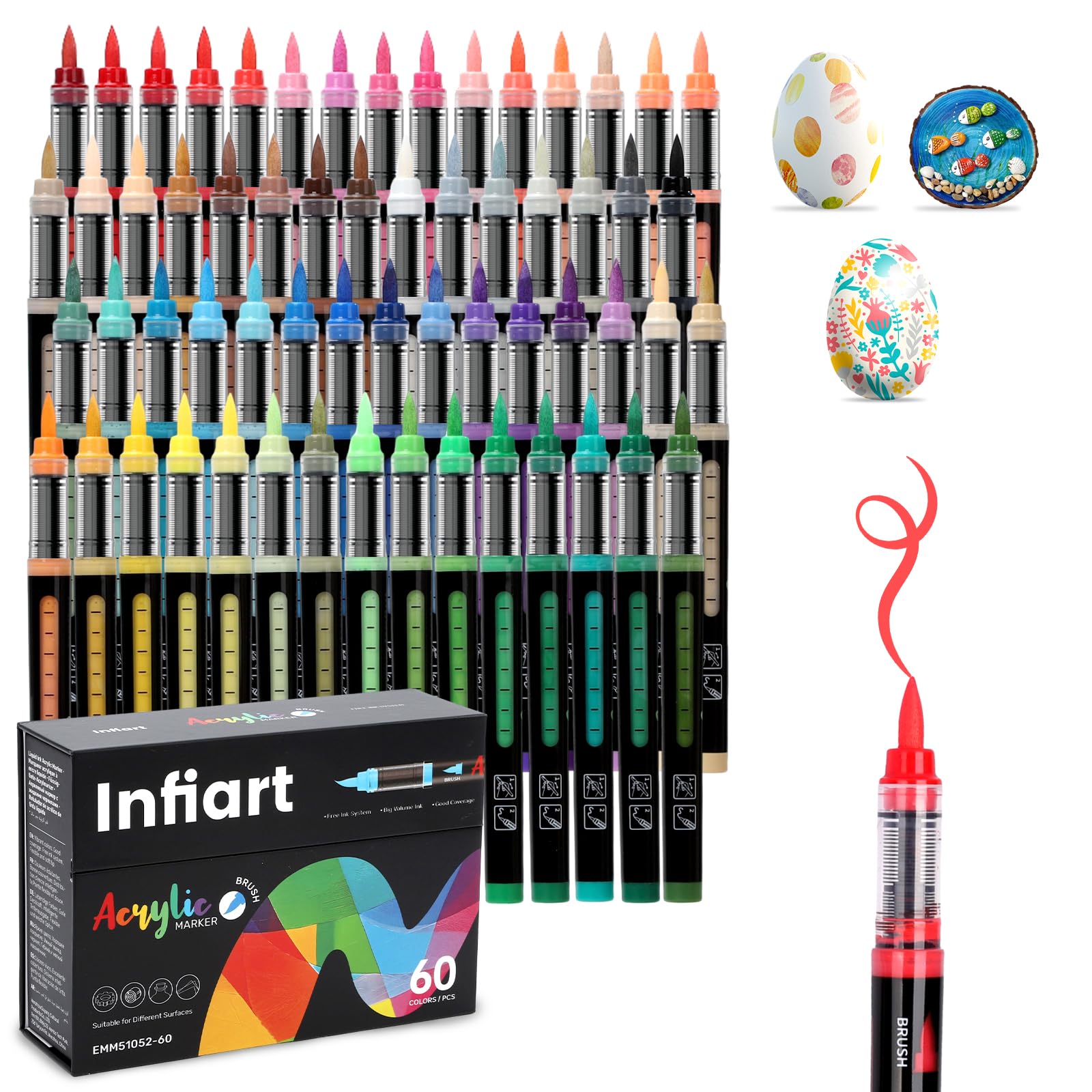 Infiart 60 Farben Acryl Farbe Marker Pinsel Spitze Automatische Tinte Steuerung Farbe Stifte Schnelltrocknen Acryl Marker Set für Weihnachten Dekorationen, Glas, Stein, Holz