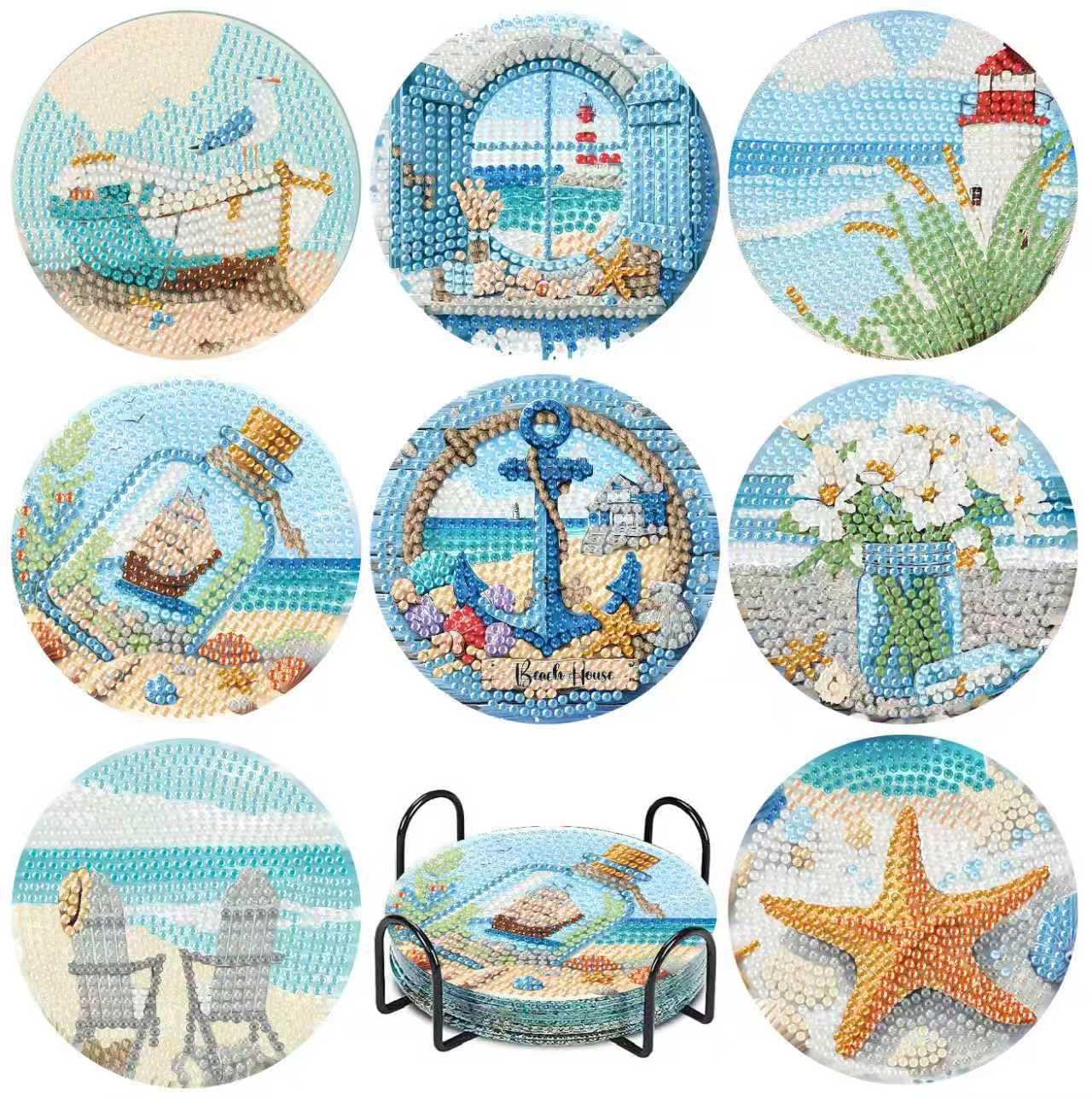 Jakener Bdal0028-Uk 8 Pcs Beach Diamond Art Painting Coasters Kits,Coaster With Holder For Adults, Non-Slip Diy Dot Paint Craft Kits,5D Full Drill Diy Diamond Dot Gem Art Kit Home Decor Arts Craft