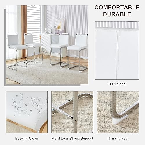 Miniatura 3 de Juego de 2 taburetes de bar modernos de 25 pulgadas de altura de mostrador, taburete de bar de piel sintética blanca con respaldo, reposapiés