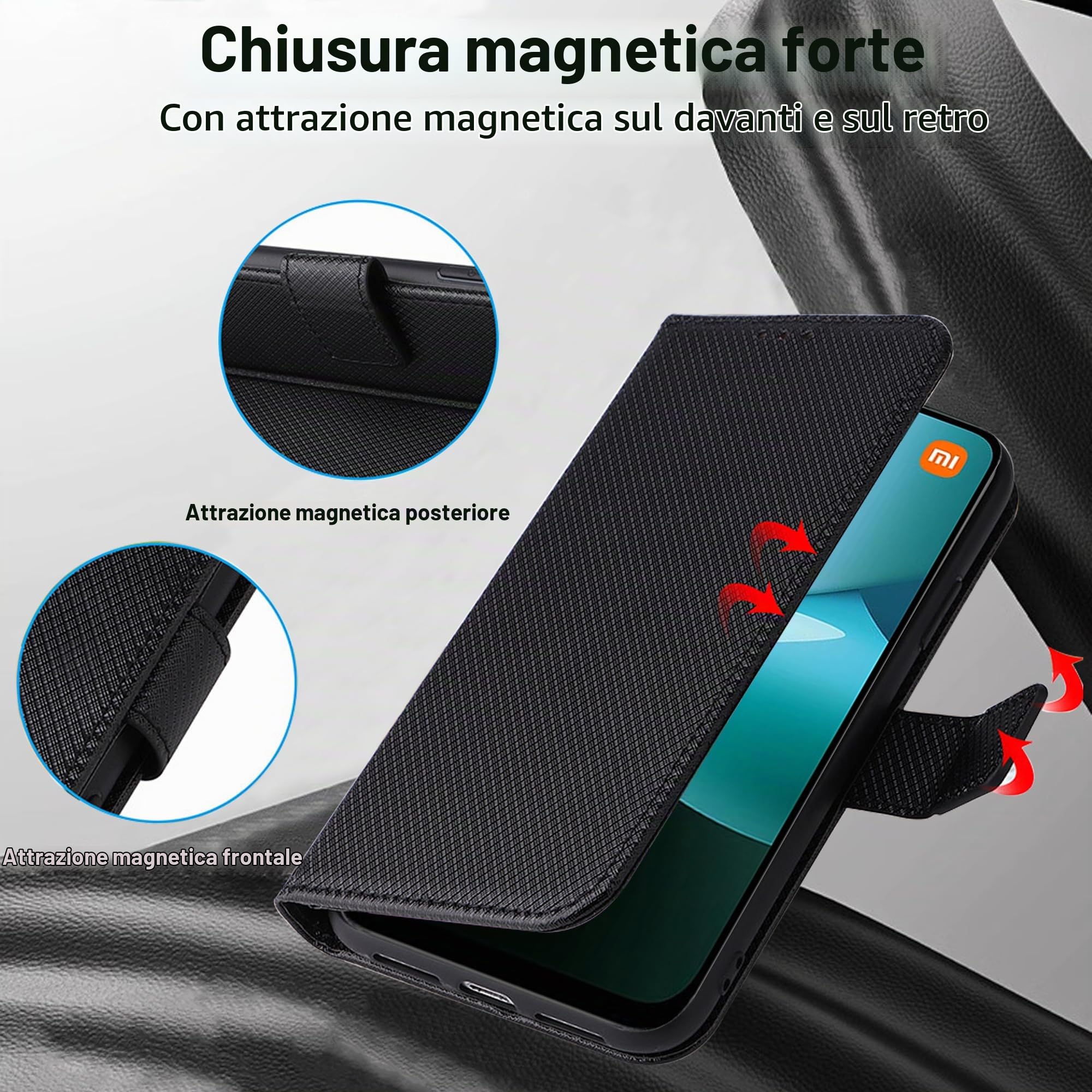 Custodia Flip Glitter Per Xiaomi Redmi 15C – Portafoglio In PU Con Cinturino, Slot Carte E Chiusura Magnetica, Colore Nero