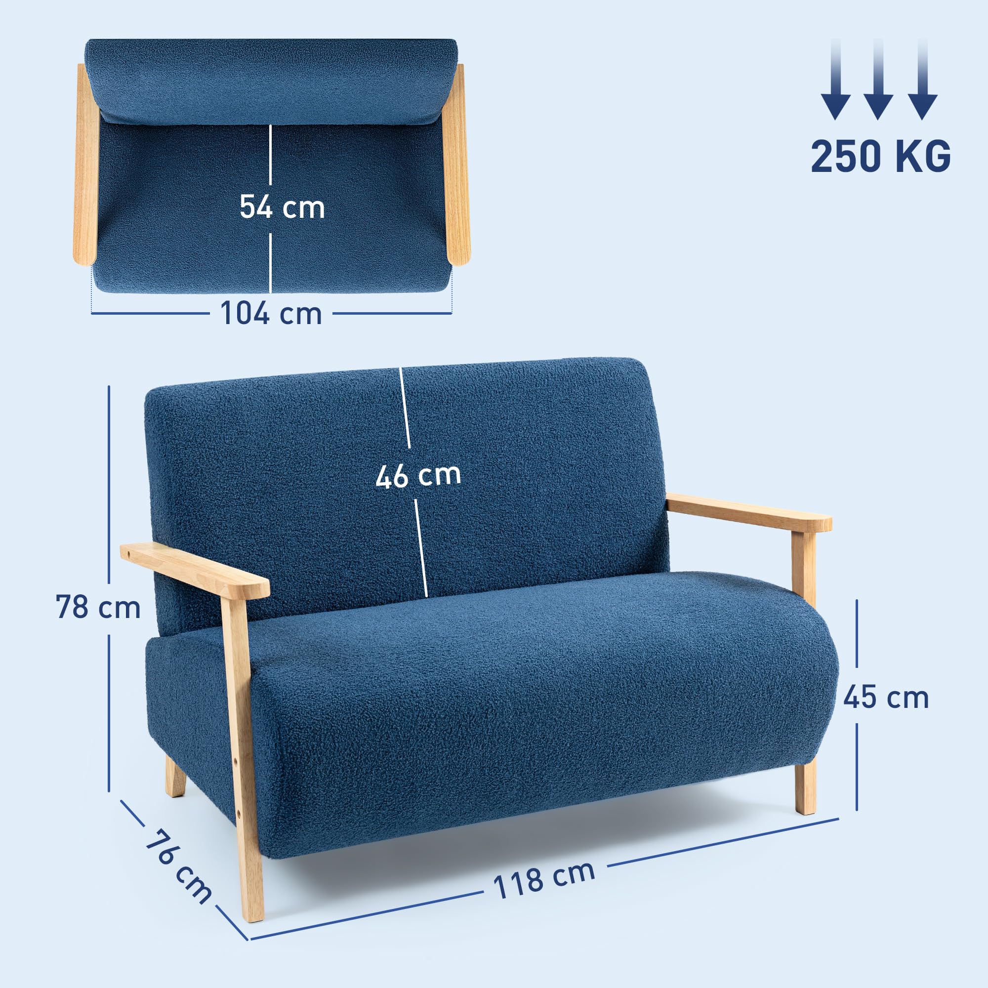 HOMCOM Sofá de 2 Plazas Tapizado en Borreguito Sofá de Salón de 118 cm con Acolchado Grueso Reposabrazos y Patas de Madera para Dormitorio Sala de Estar Azul Oscuro