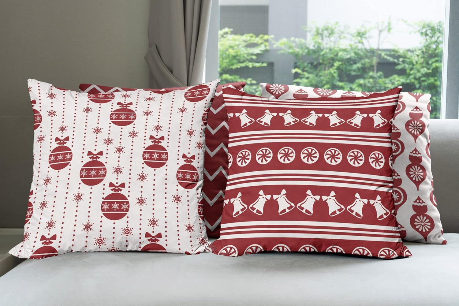 Ambesonne Christmas Throw Pillow Cushion Case Pack of 4, New Year Concept Zigzags Bells Sweets and Hanging Ornament Silhouettes Pattern, Modern Accent Double-Sided Printing, 20" x 12", Ruby White