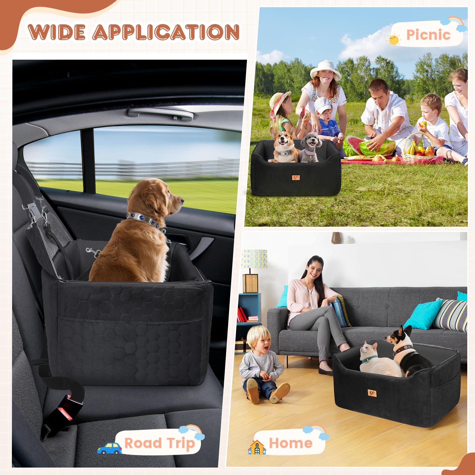 Seggiolino Auto per Cani 78x55x53cm, Rialzo Rimovibile e Lavabile per Cani di Taglia Media e Grande, Guinzaglio Incluso, Seggiolino Cane Auto più Pesanti (con Rivestimento in Pelle Impermeabile)