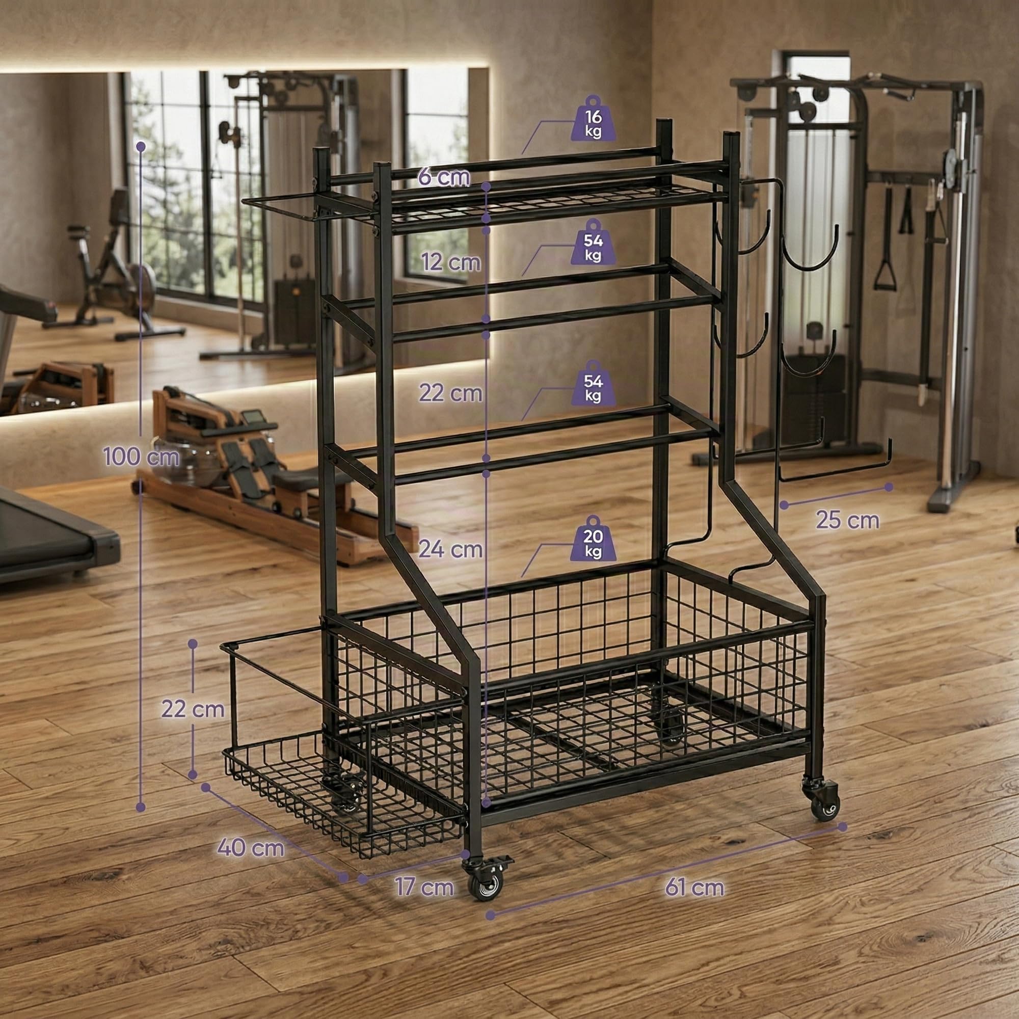 Hantelständer & Gewichtsablage für Home Gym, All-in-One Fitness Aufbewahrung mit Rollen & Haken für Kurzhanteln, Kettlebells, Yogamatten, Verstellbares Hantelregal aus Stahl
