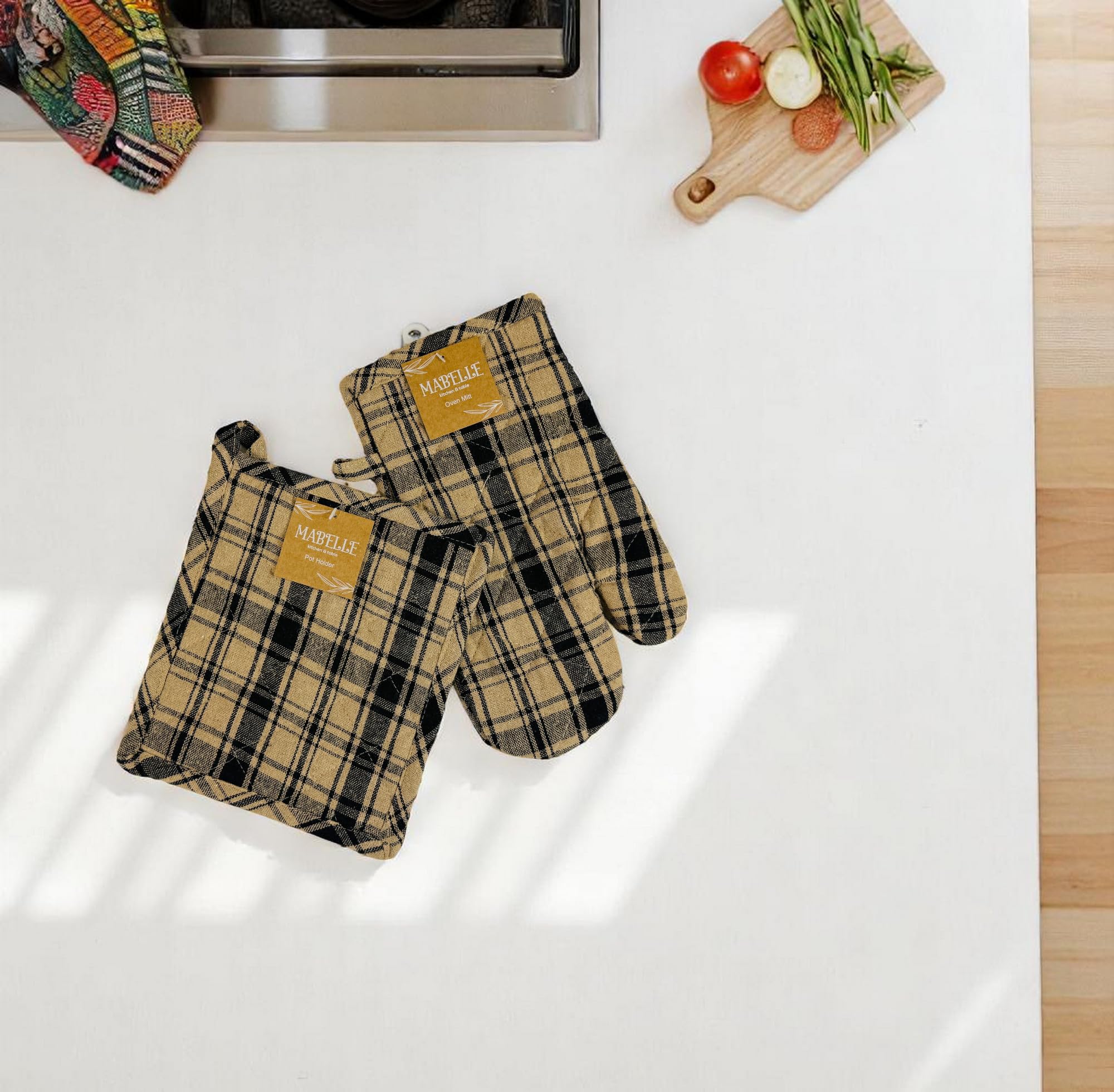 Decorative Kitchen Pot Holders Black Beige Ginham Large Checkered 2 pc Set: (1) Oven Mitt and One (1) Pot Holder