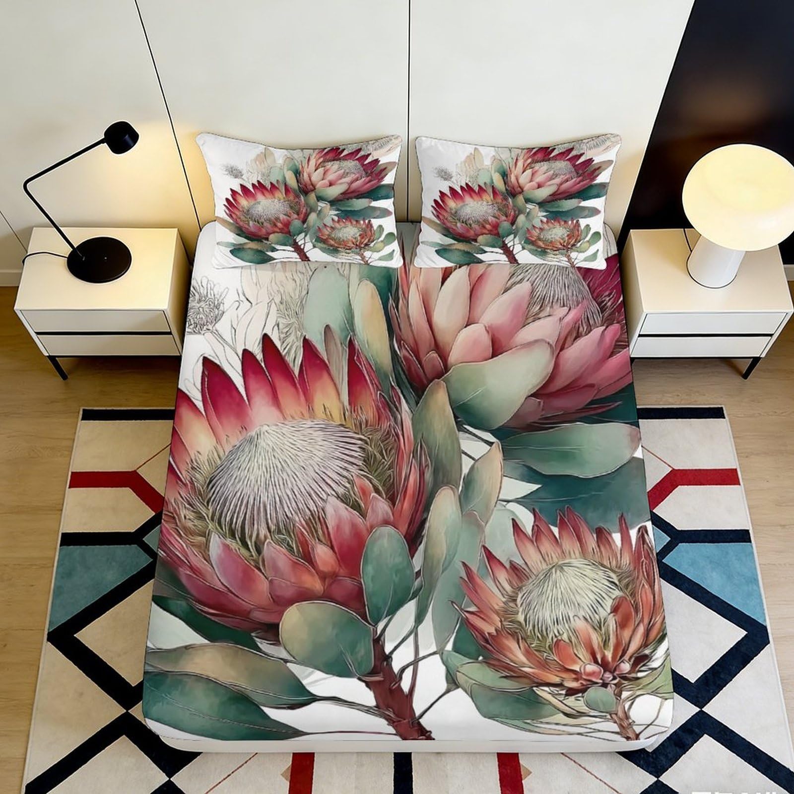 3D Printed Protea Flower Fitted Sheet Microfiber Soft Breathable Large Floral Bed Cover for Bedroom Dormitory Guest Room Mattress Protection 160x200x25cm