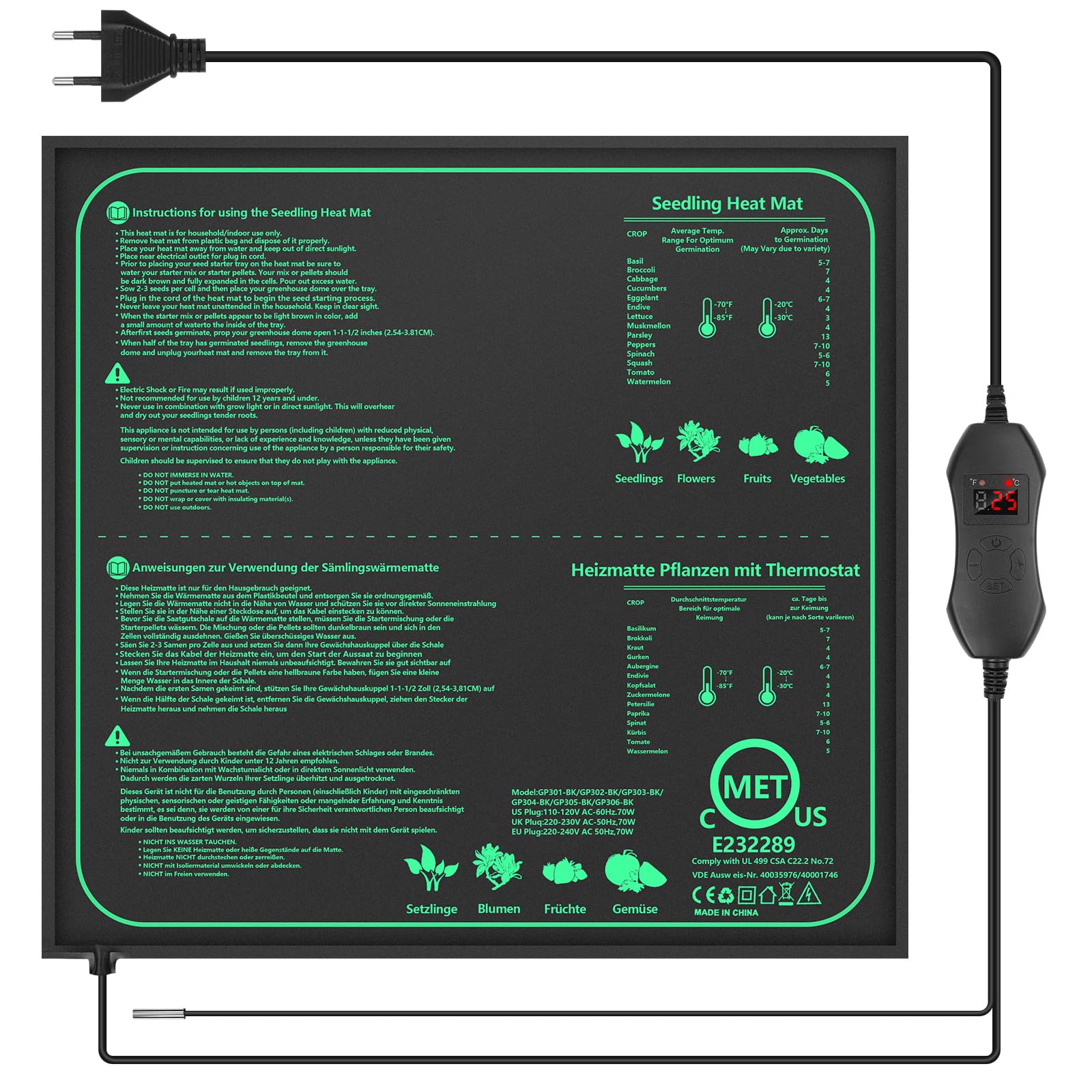 Alfombra Calefactora 70W con Termostato, 52×50cm Estera Térmica IPX4 Impermeable con Cable de Silicona y Algodón Punzonado, Temperatura Ajustable 20-45 °C para Semillas, Plantas y Reptiles