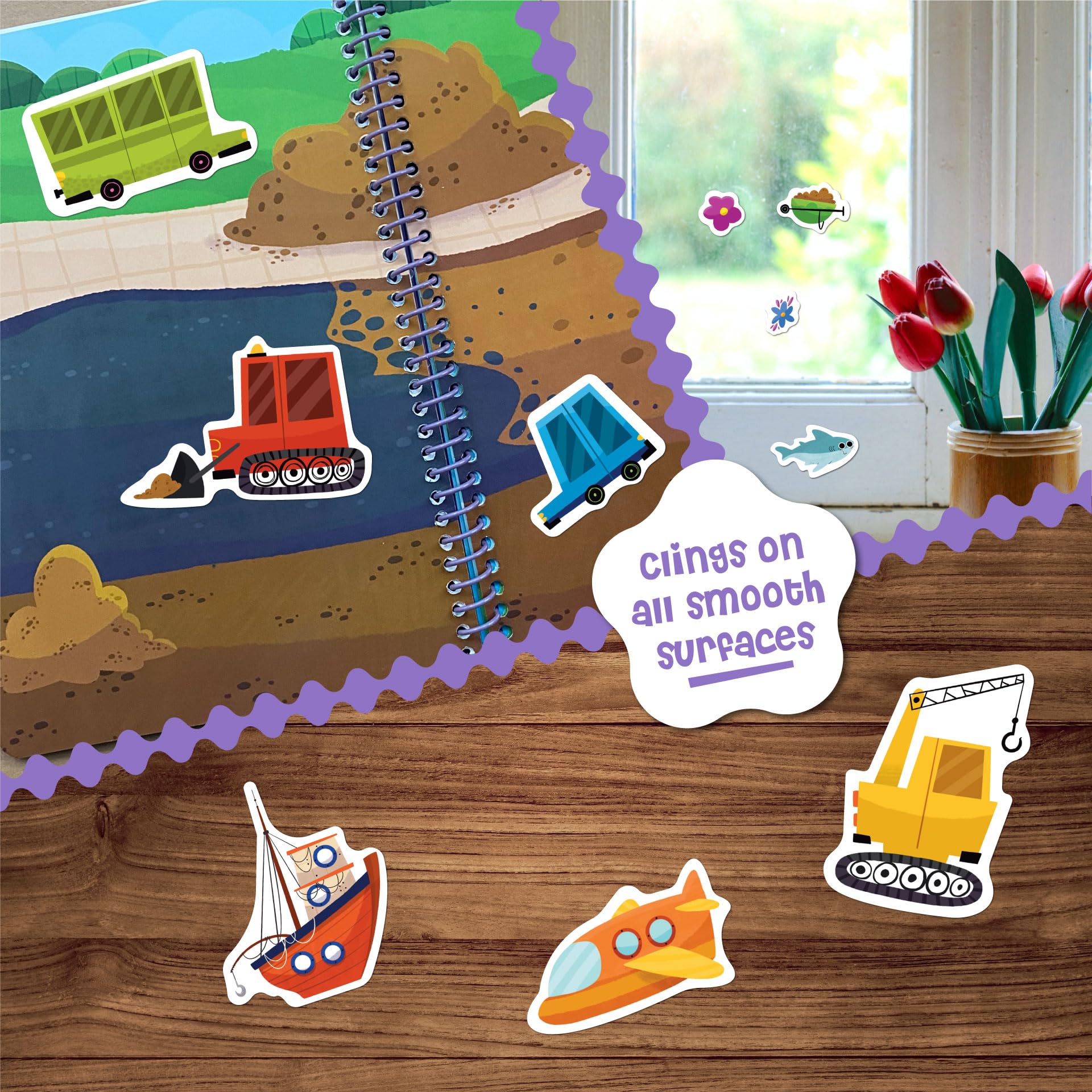 Stick4Ever - Libro de calcomanías de gelatina para niños, impermeable, fácil de limpiar, libro ocupado para niños pequeños con 50 calcomanías de gelatina (vehículos)