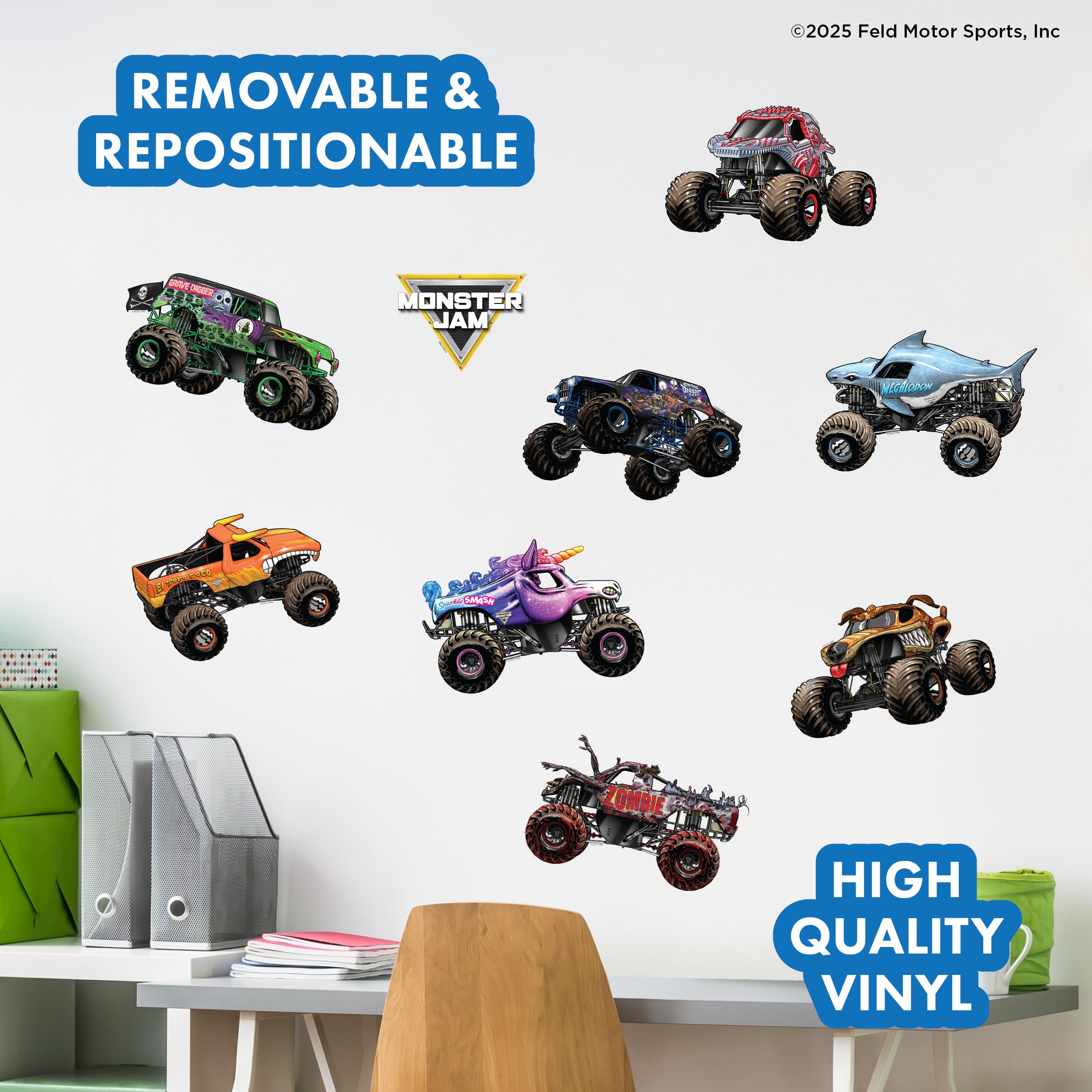 Confezione di adesivi murali Monster Jam Trucks – Grave Digger Son-Uva Digger El Toro, Loco, Megalodon, Zombie, ThunderROARus, Sparkle Smash Monster Mutt, adesivi in vinile per camera da letto,