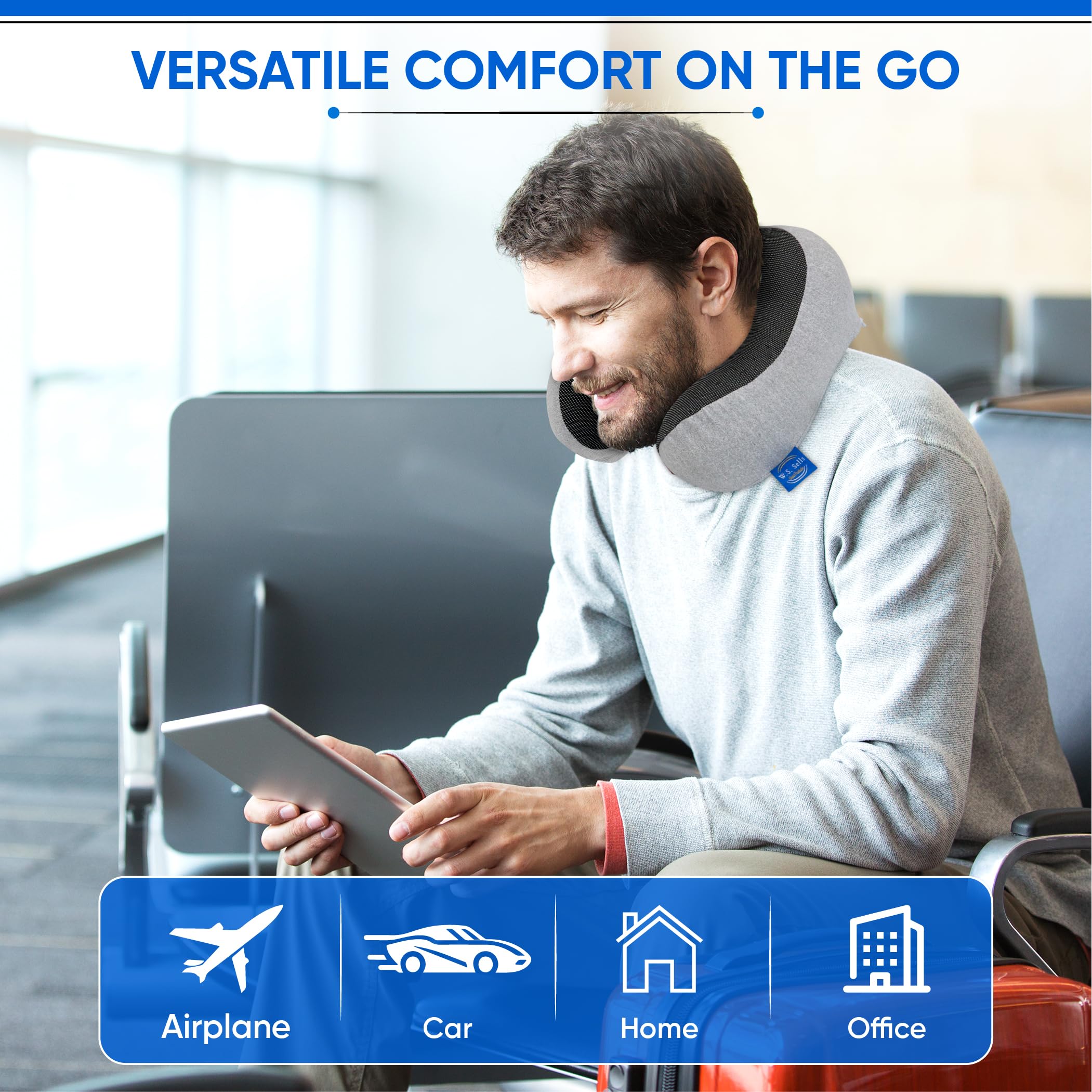 W.S. Vende almohadas de cuello de viaje para aviones, espuma viscoelástica pura con diseño ergonómico y tela transpirable, almohadas de viaje para aviones y automóviles, juego de artículos esenciales