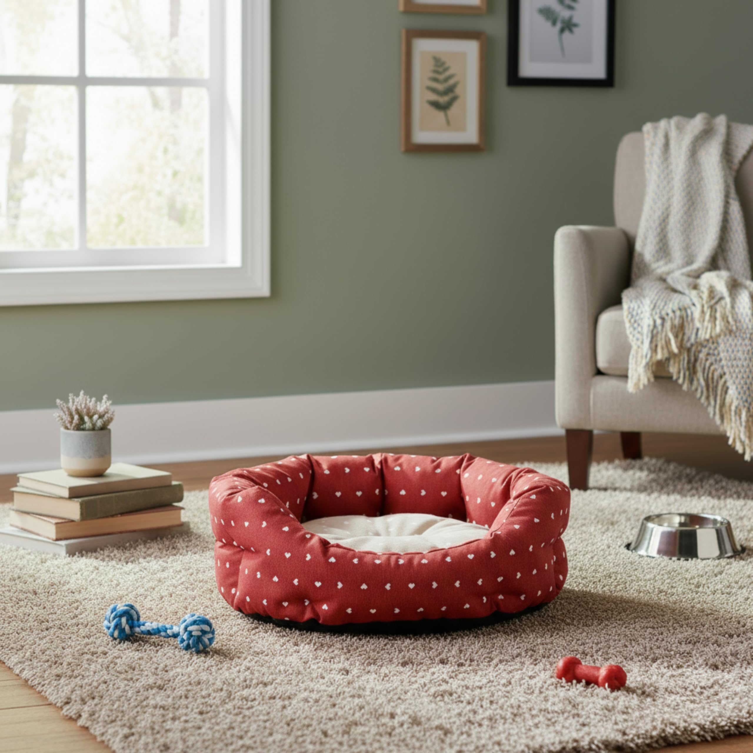 Baroni Home Hundebett aus Stoff, Größe M, weiches rundes Hundematte für Hunde und Katzen, bequem, für Schlafzimmer Wohnzimmer Flur, waschbar (45x55 cm, Beige und Rot mit Herzen)