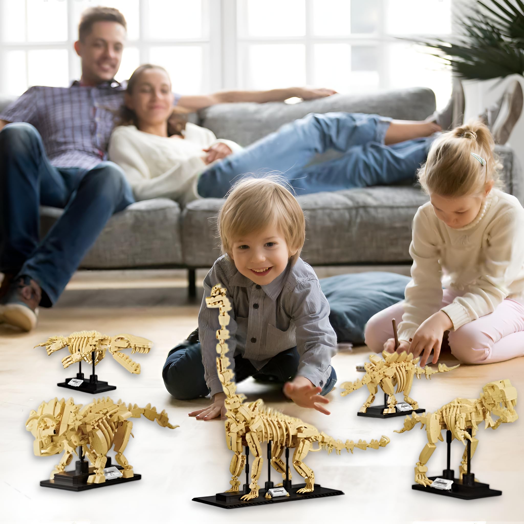 4-in-1-Dinosaurier-Skelett-Bausatz, 1221 Teile T-Rex, Stegosaurus-bausteine
