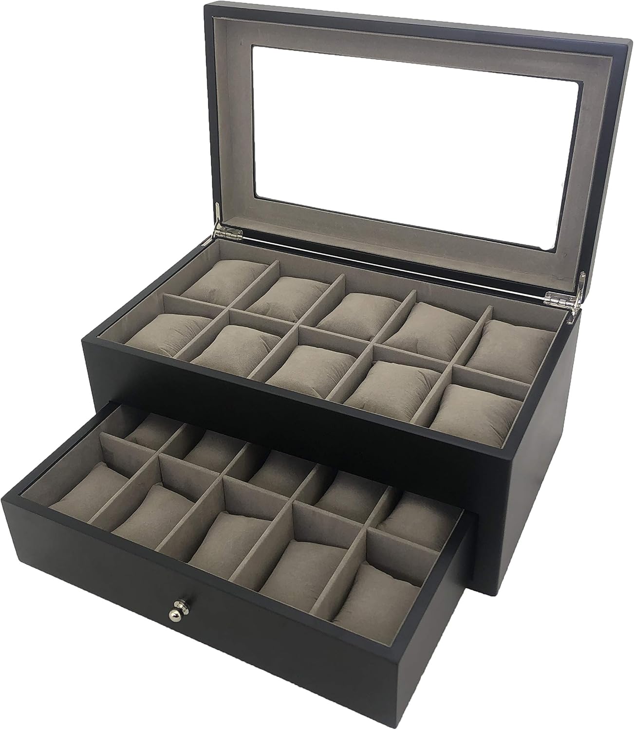 Tech Swiss Watch Box for 20 Watches XL Extra Large Compartments Fits 65mm Soft Cushions (Black)