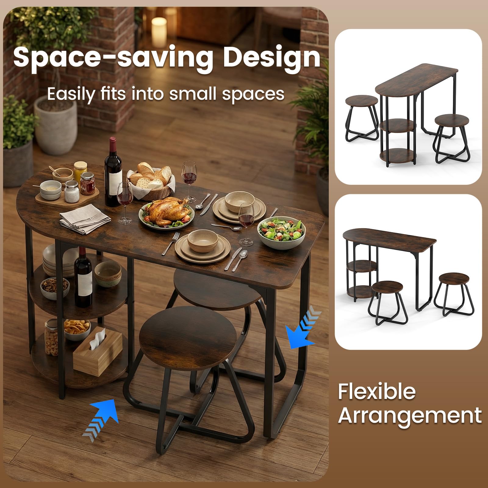 GIANTEX Conjunto de comedor con mesa y 2 taburetes, mesa de comedor con 2 estantes, mesa de madera de 110 x 45 x 78 cm, mesa de cocina rectangular para espacios pequeños, cocina, salón (marrón)