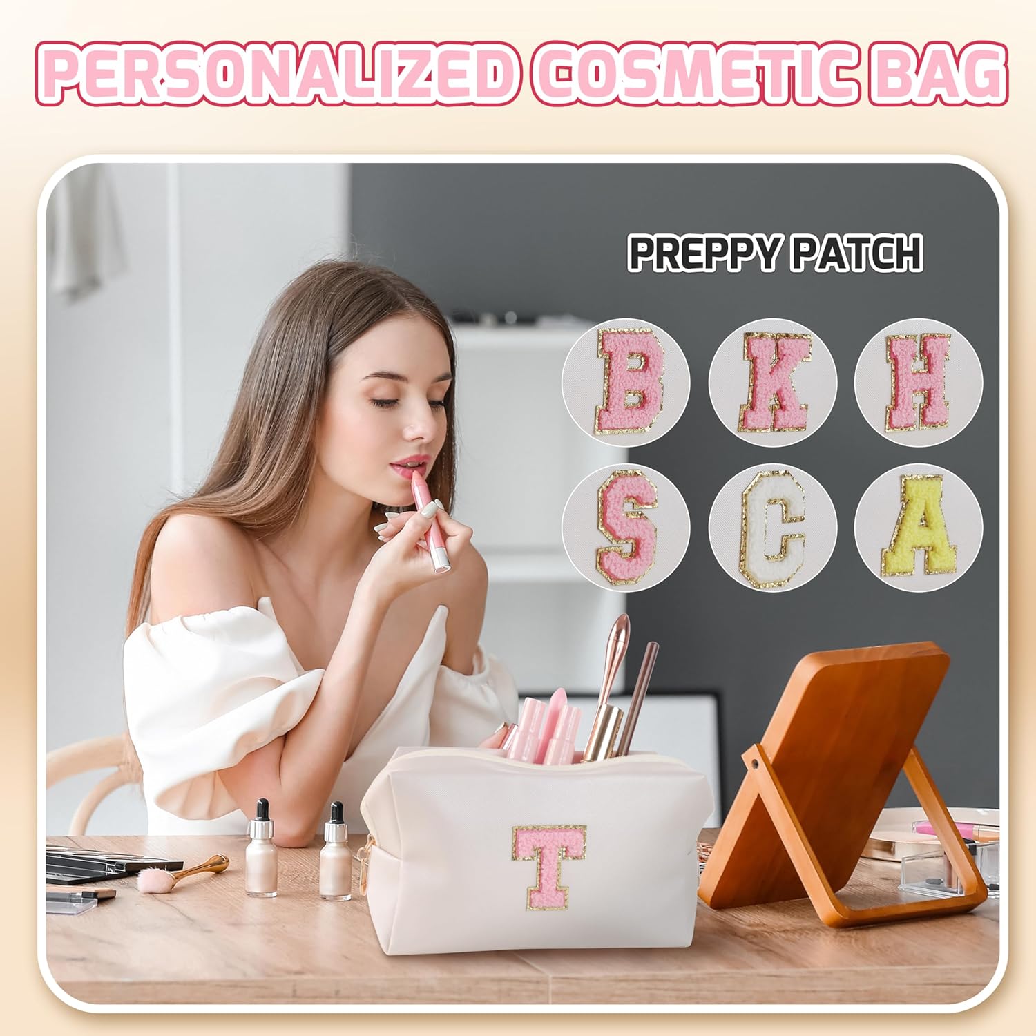 Personalized Makeup Bag with Initial-Preppy Chenille Letter Bag for Women & Teens, Small Girls Monogram Waterproof Cosmetic Organizer Pouch, Travel Essentials Gift for Her(Letter C) - Image 3