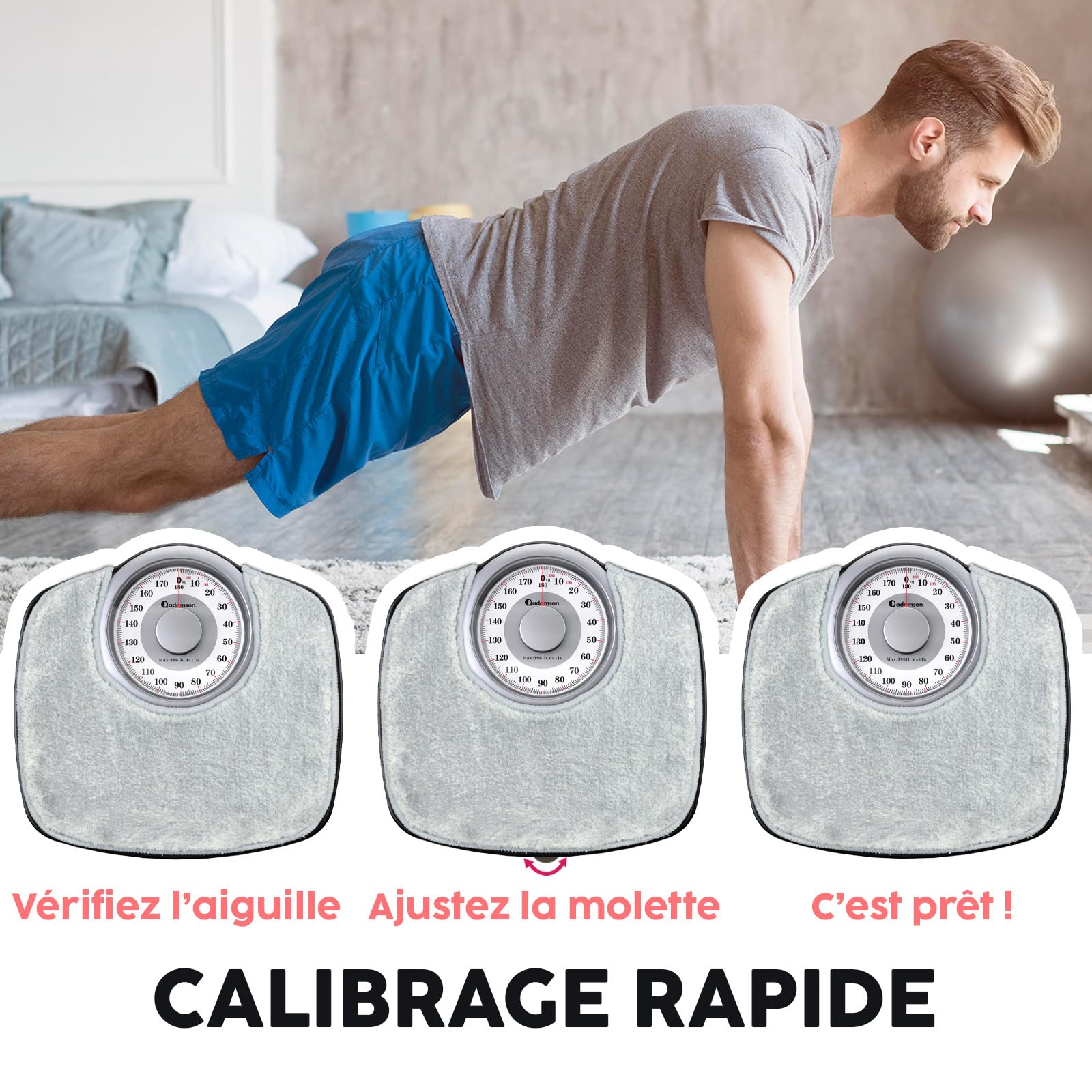 Adamson A25 Balance Pèse Personne Analogique - Nouveauté - Jusqu'à 180kg, Surface Antidérapante, Chiffres Extra Larges, Pèse Personne Mécanique, Garanti 20 Ans - Chambre et Salle de bain - Tapis Gris